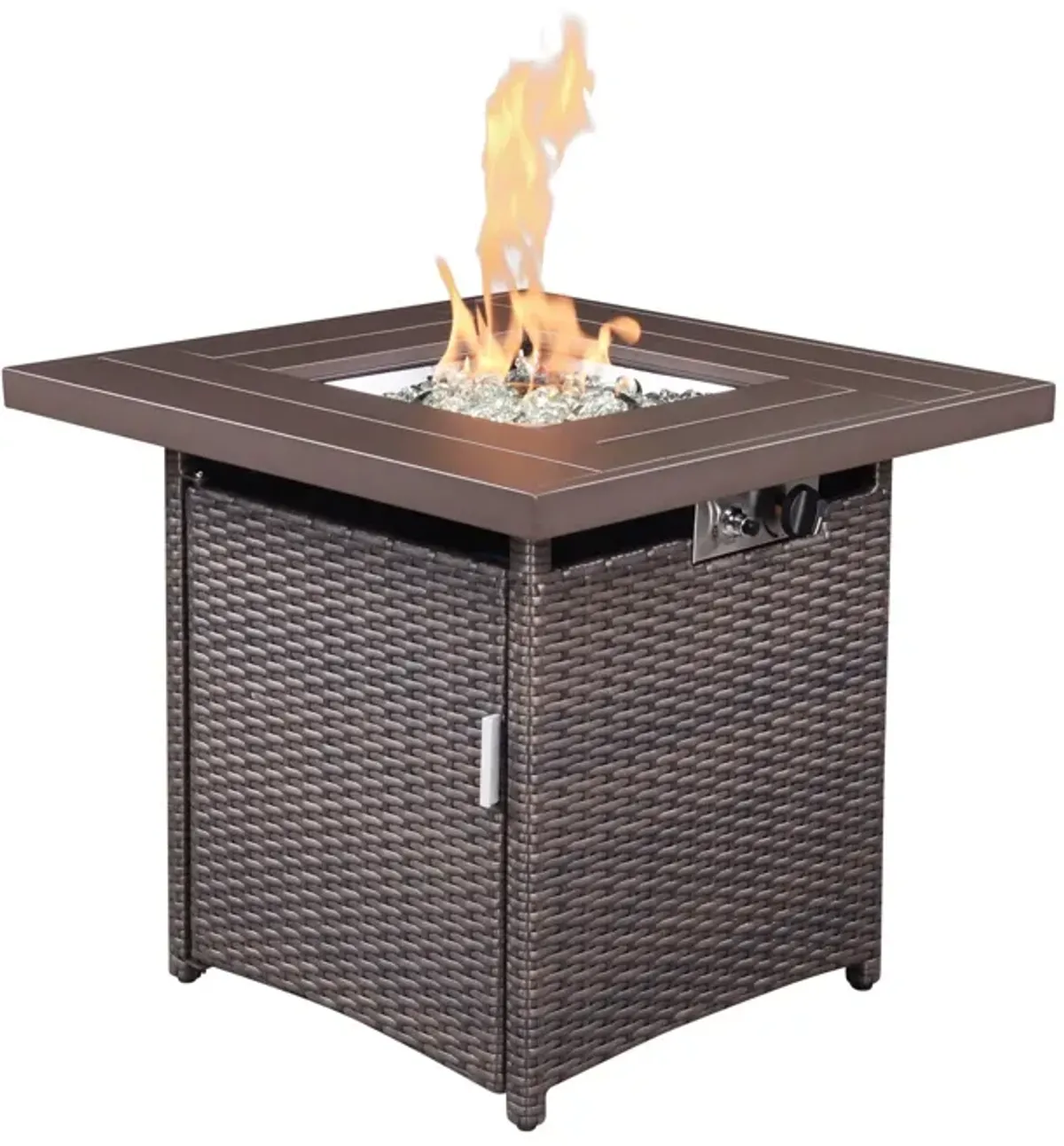 Faux Rattan Design Square Propane Fire Pit With Glass Bead Rocks - Brown