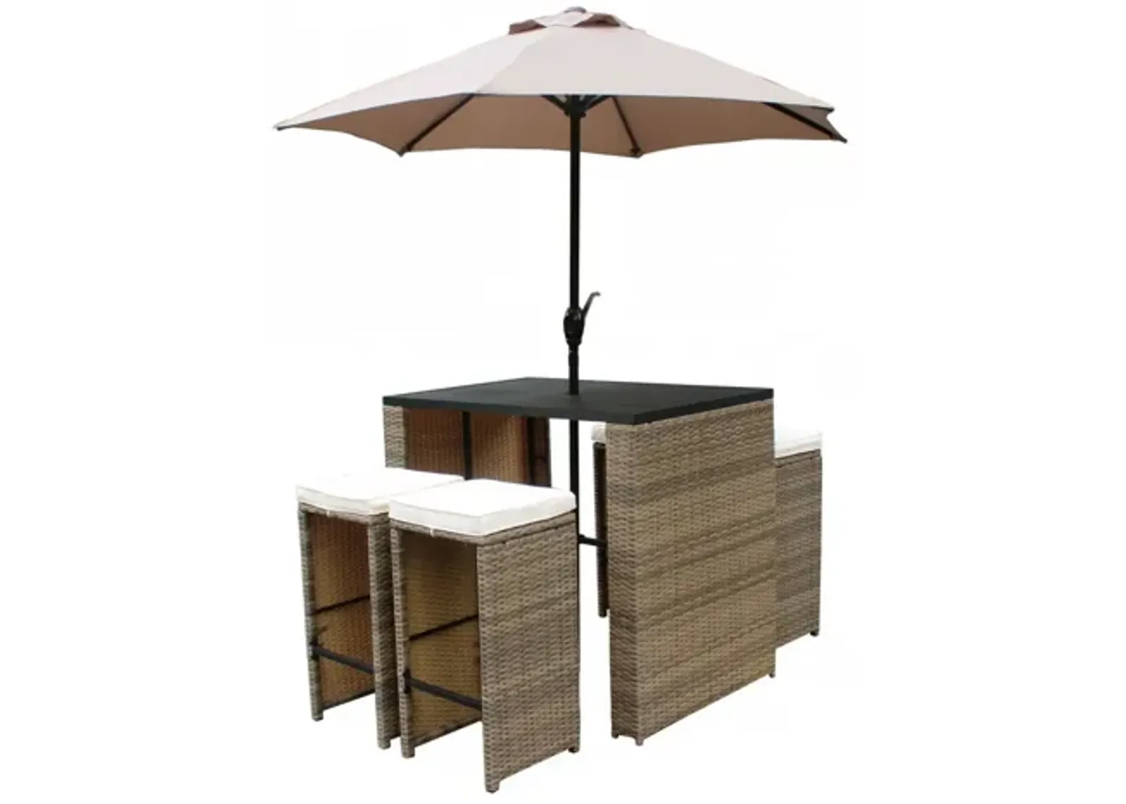 Six Piece Faux Wicker Outdoor Bar Height Table Set With Umbrella And Stools - Brown / Tan