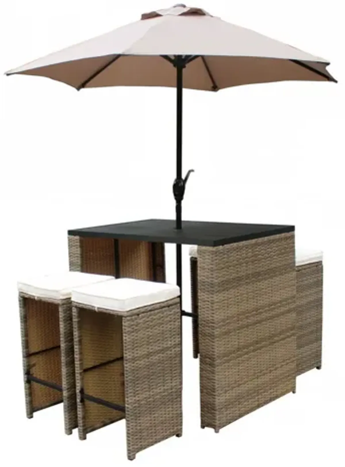 Six Piece Faux Wicker Outdoor Bar Height Table Set With Umbrella And Stools - Brown / Tan