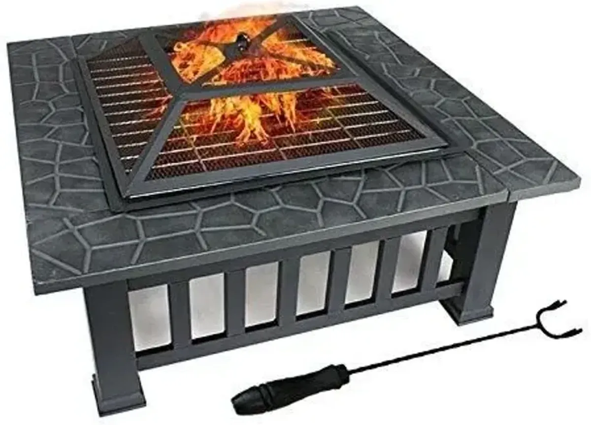 Square Charcoal Or Wood Burning Fire Pit With Cover - Gray