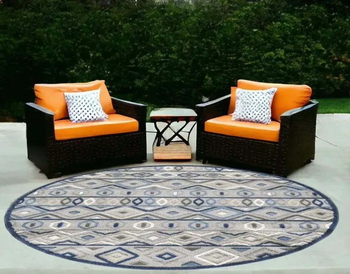 8' Round Round Abstract Stain Resistant Indoor / Outdoor Area Rug - Blue / Gray