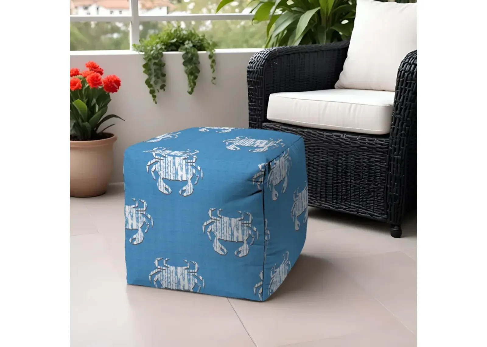 Polyester Cube Crab, Outdoor Pouf Ottoman - Blue / White