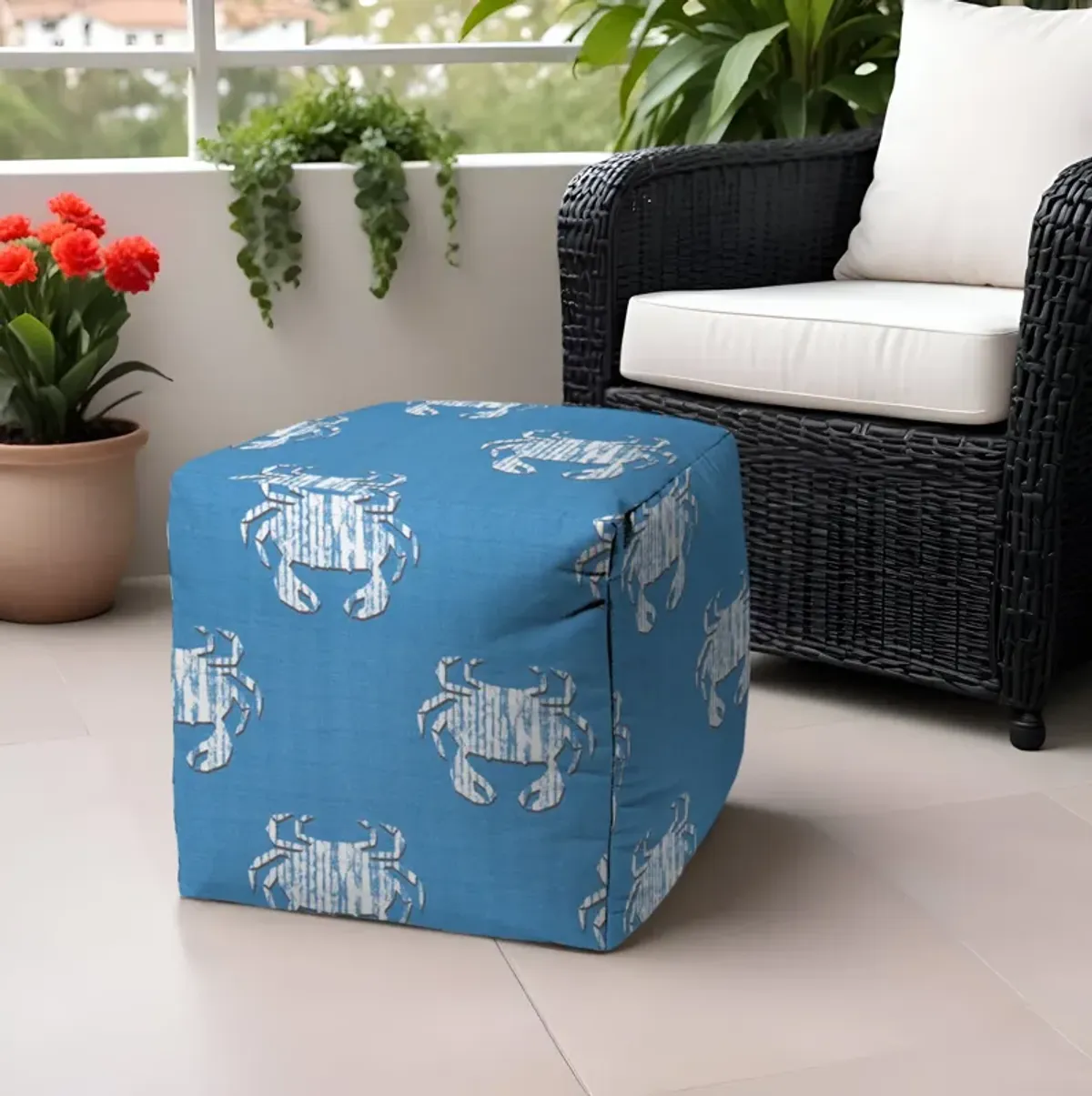 Polyester Cube Crab, Outdoor Pouf Ottoman - Blue / White