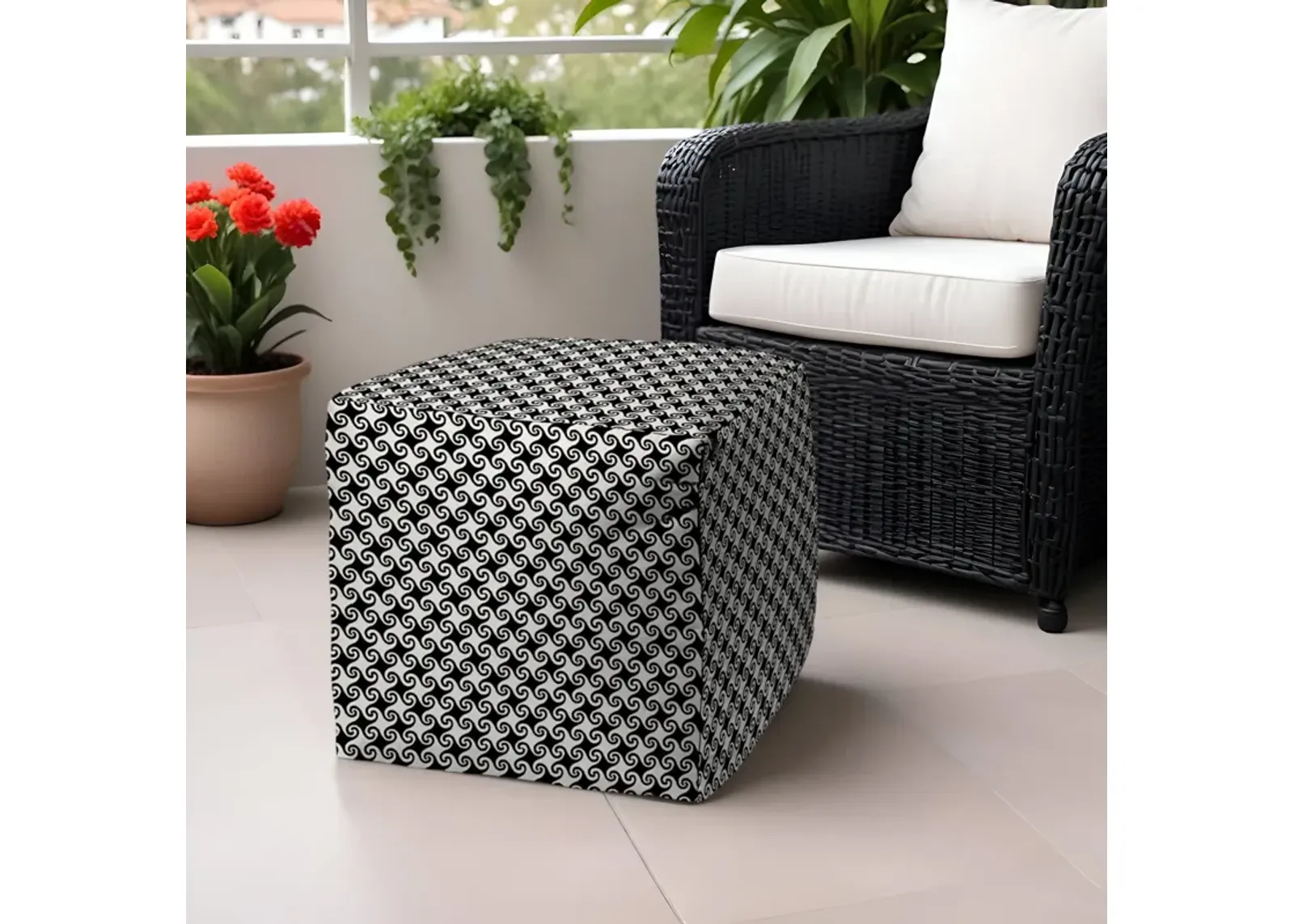 Polyester Cube Geometric Indoor / Outdoor Pouf Ottoman - Black / White