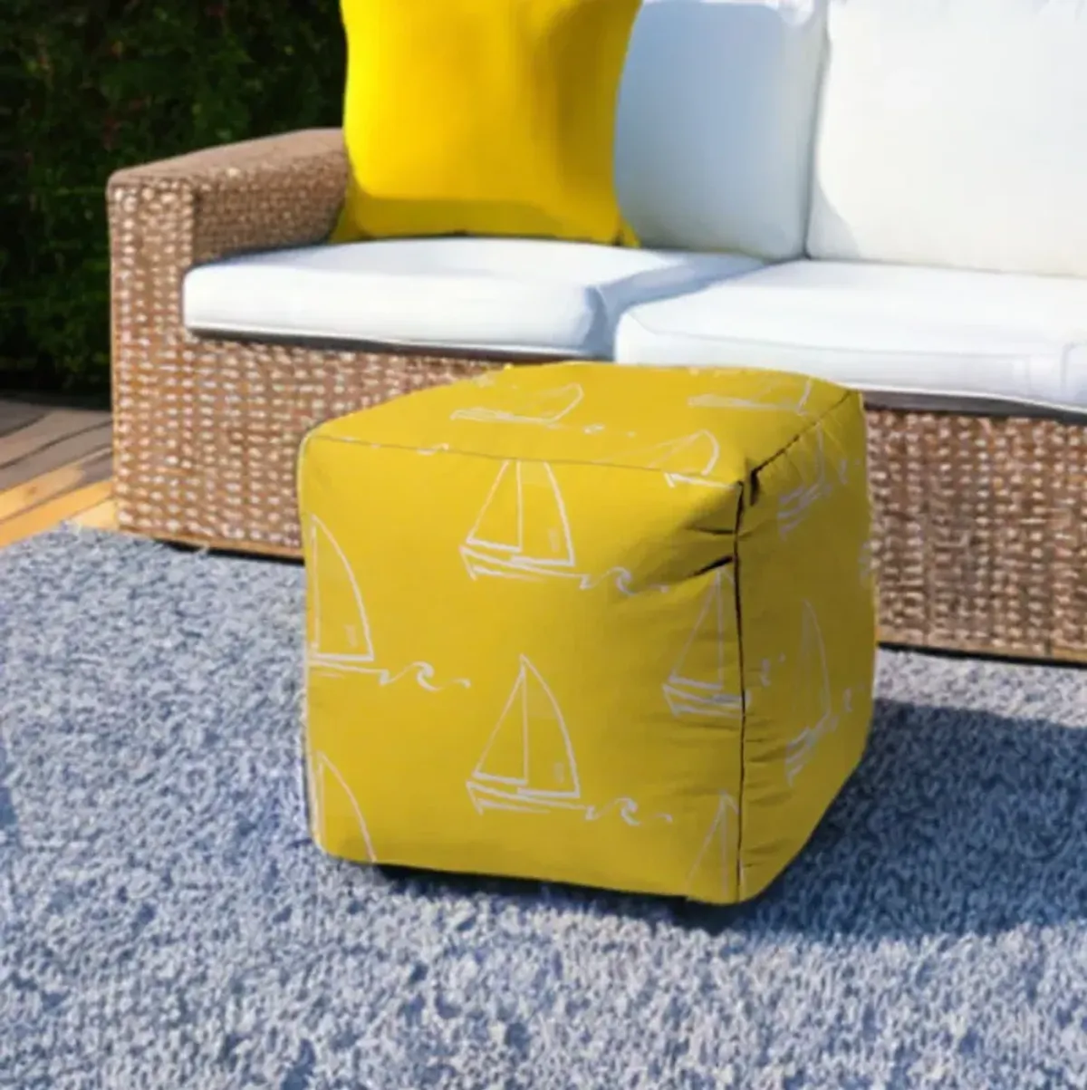 Sailboat Indoor Outdoor Cube Ottoman - Yellow / White