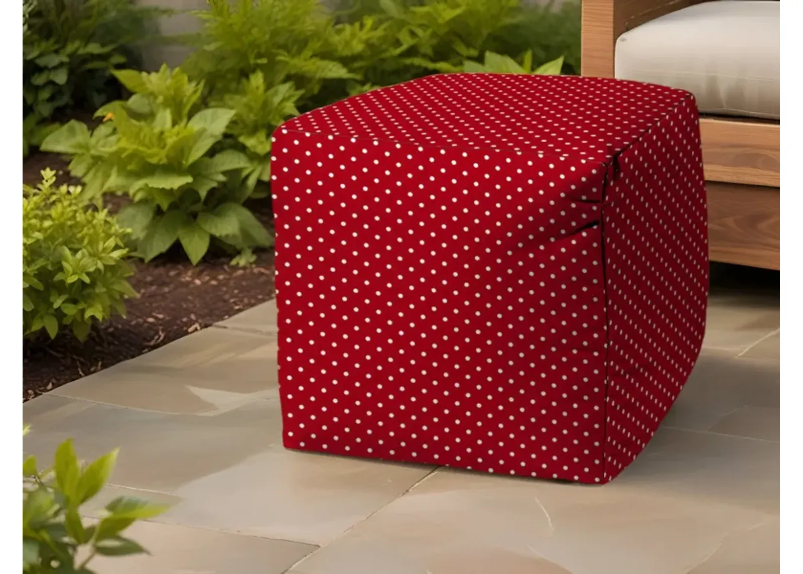 Polyester Cube Polka Dots Indoor / Outdoor Pouf Ottoman - Red