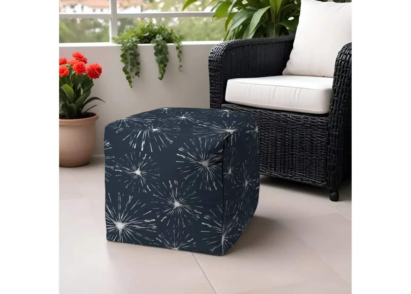 Polyester Cube Geometric Indoor / Outdoor Pouf Ottoman - Blue