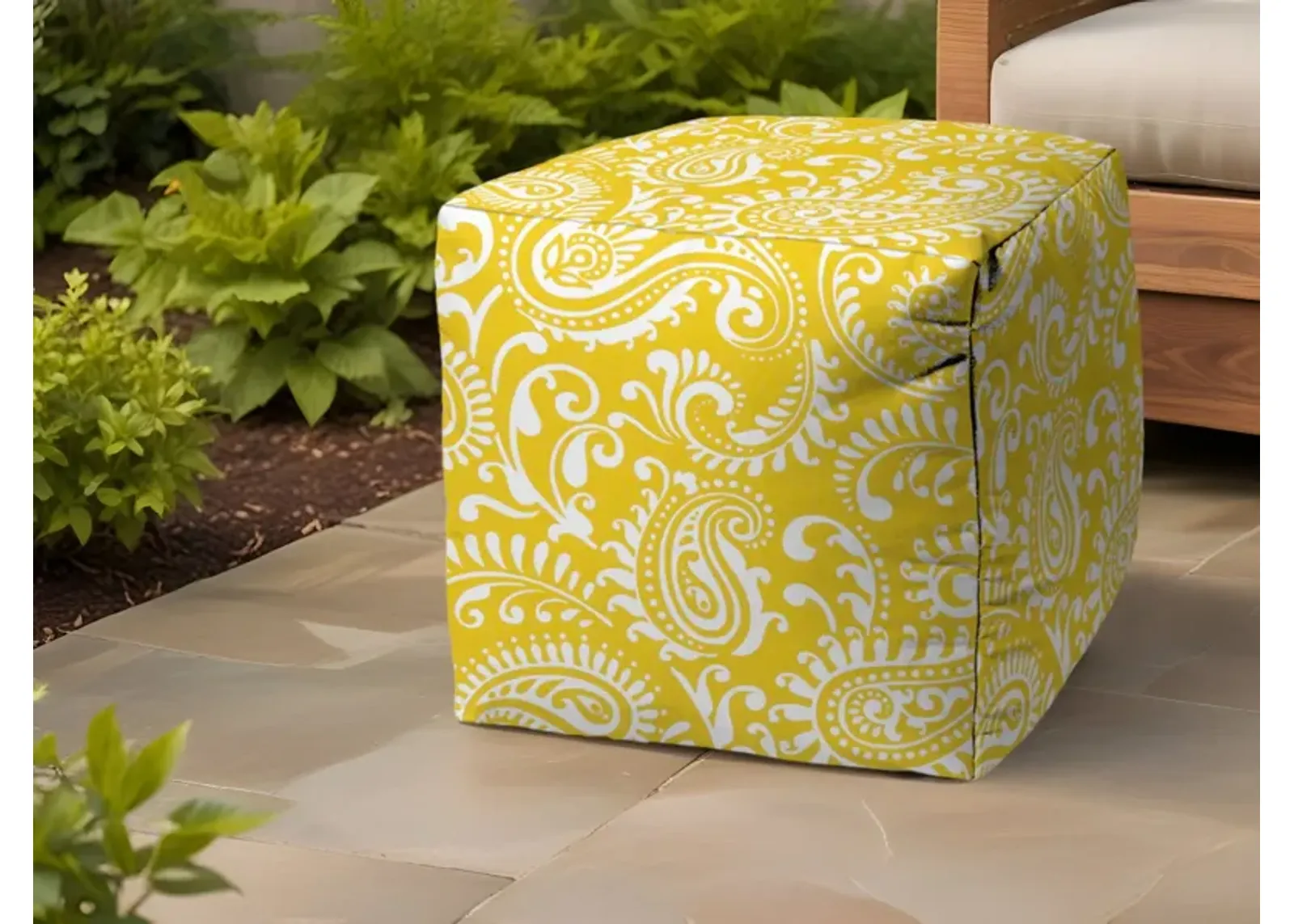 Polyester Cube Paisley Indoor / Outdoor Pouf Ottoman - Yellow