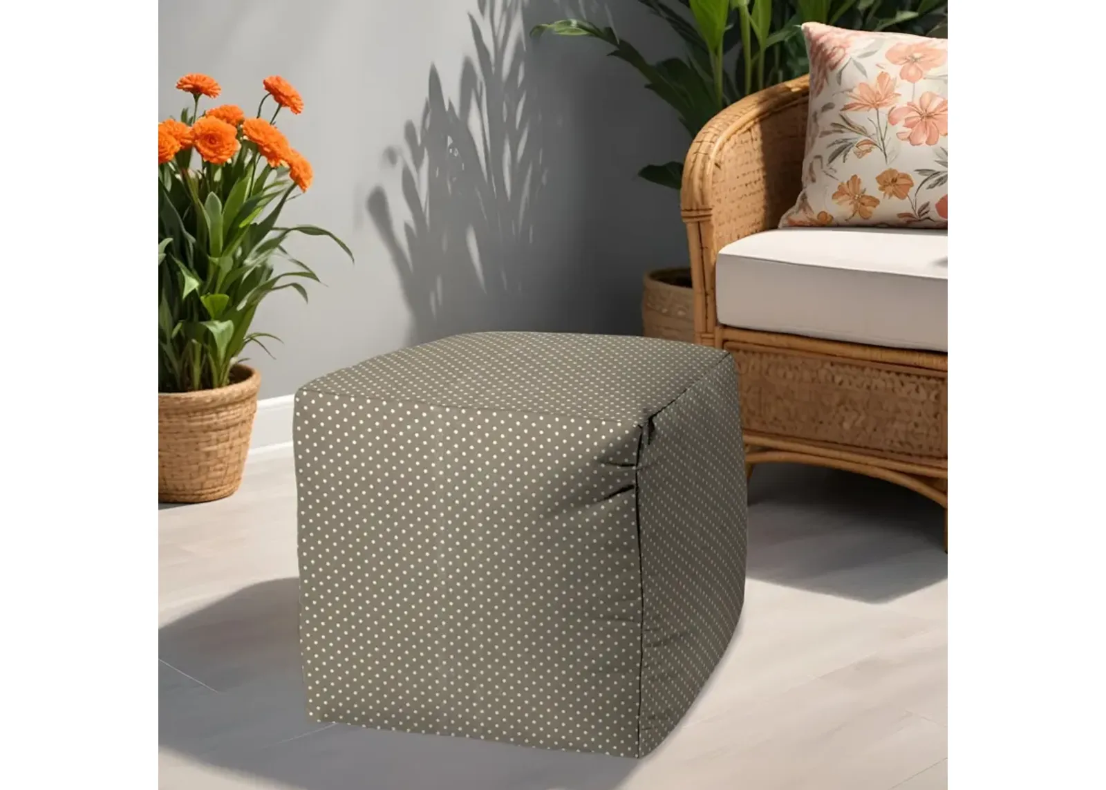 Polyester Cube Polka Dots Indoor / Outdoor Pouf Ottoman - Taupe