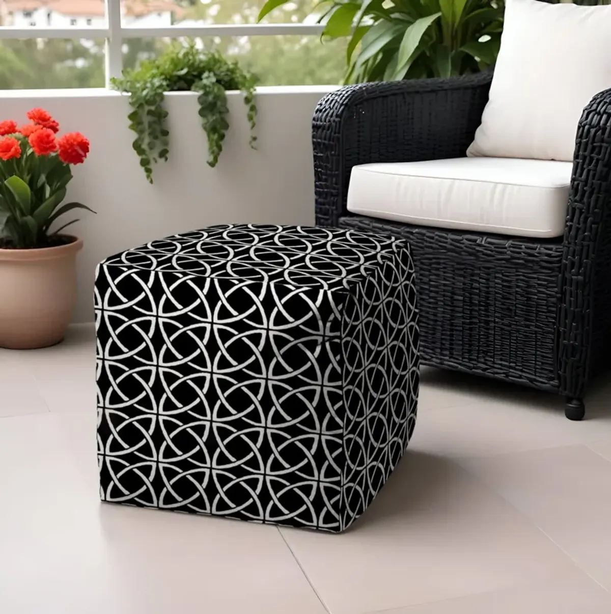 Cube Geometric Indoor Outdoor Pouf Ottoman - Black / White