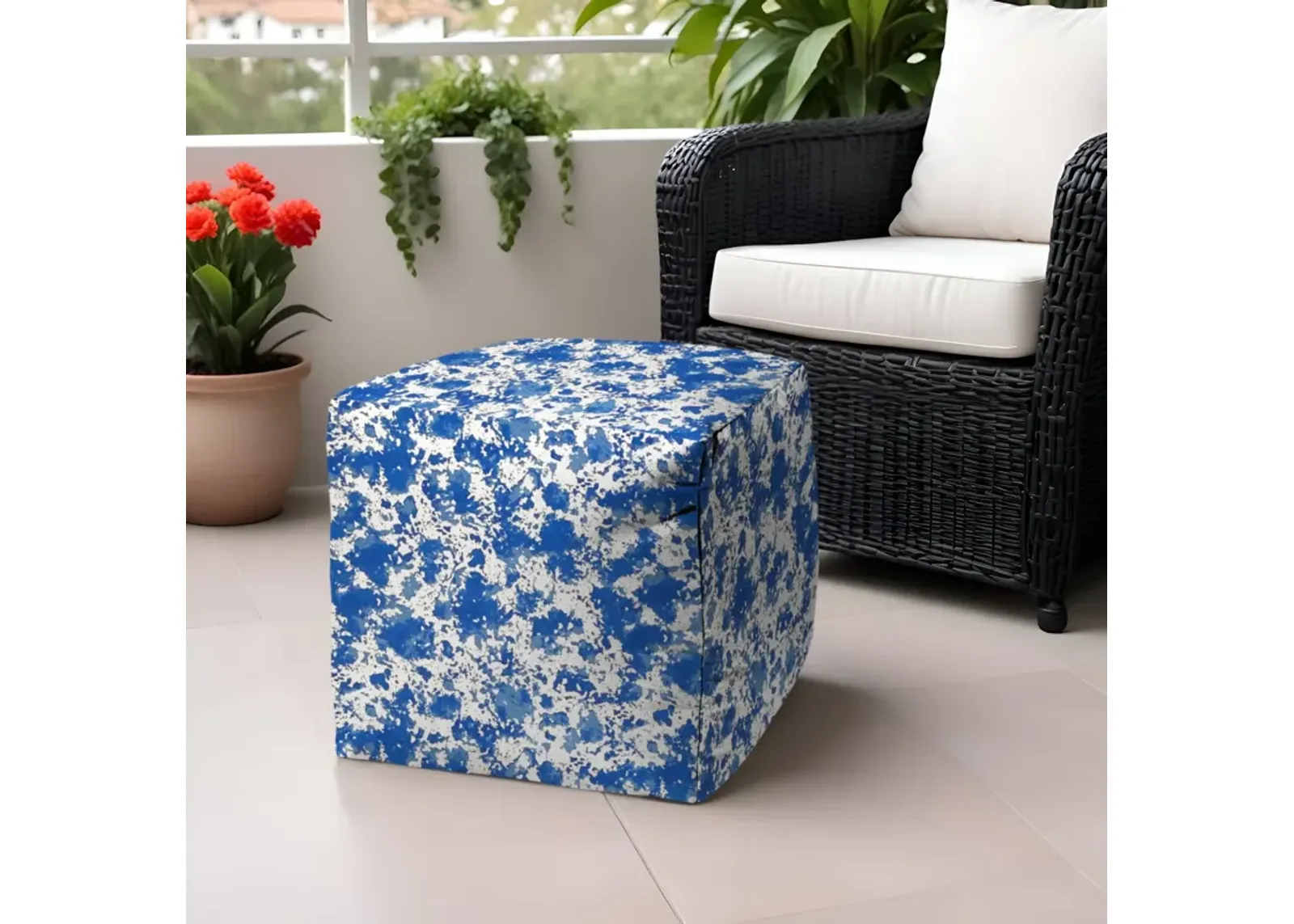 Polyester Cube Abstract Outdoor Pouf Ottoman - Blue / White