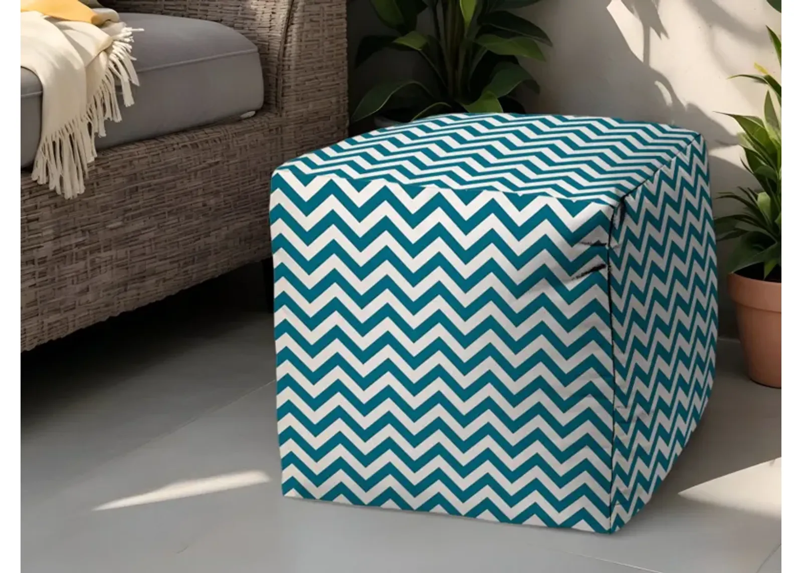 Polyester Cube Chevron, Outdoor Pouf Ottoman - Turquoise / White