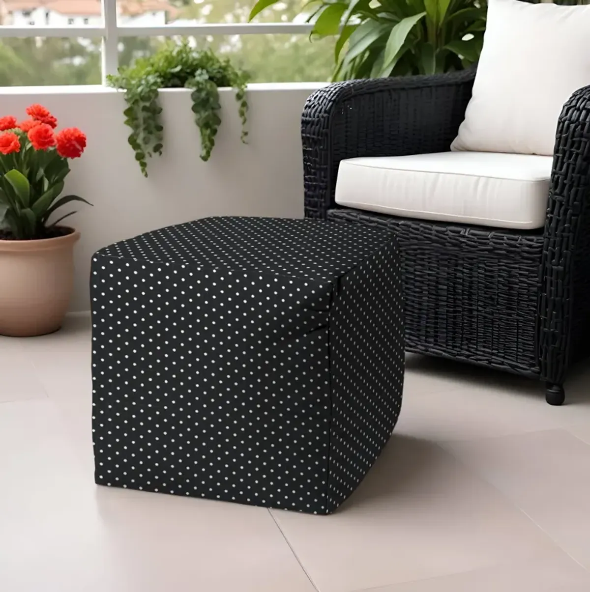 Polyester Cube Polka Dots Indoor / Outdoor Pouf Ottoman - Black