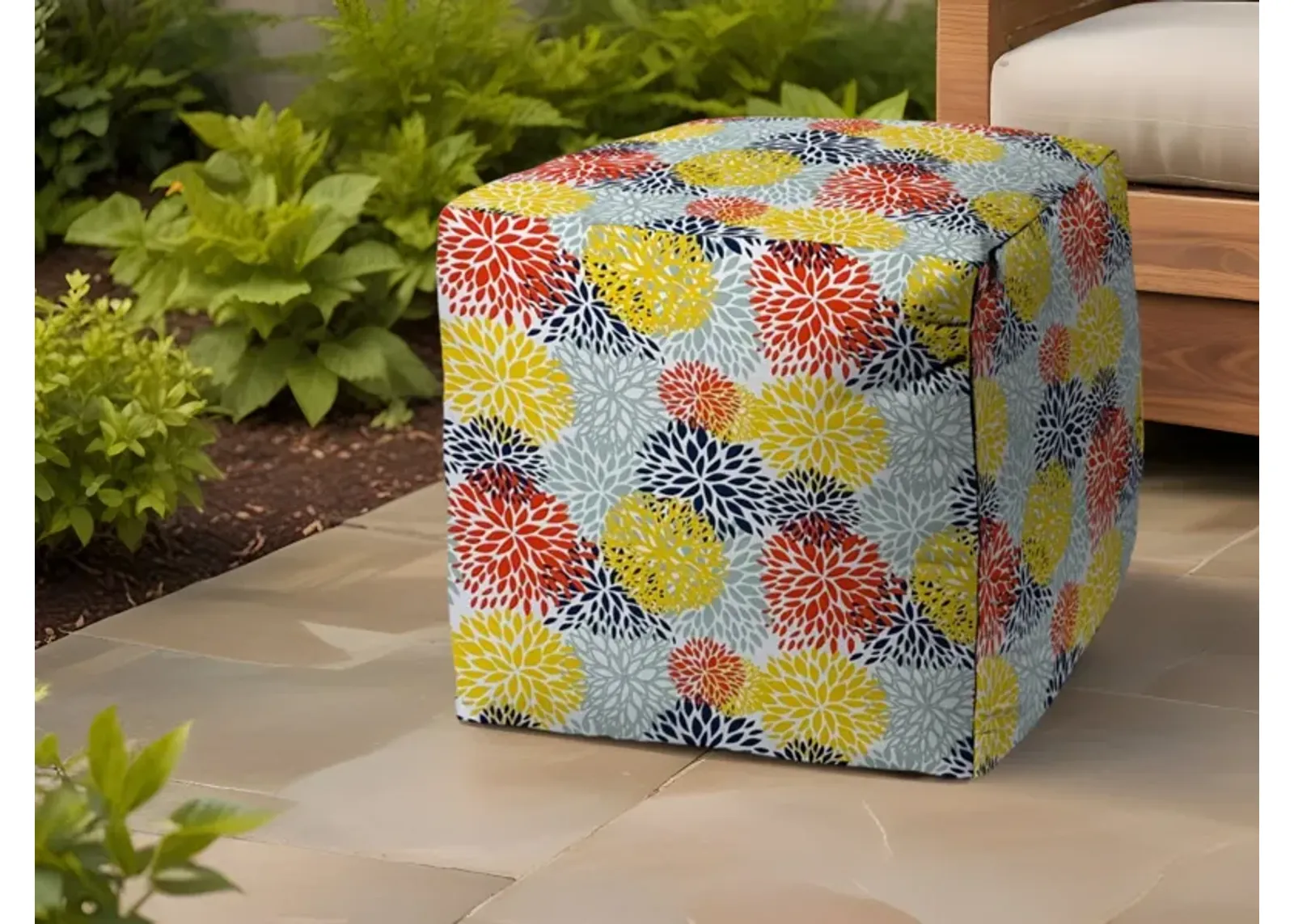 Cube Floral Indoor Outdoor Pouf Ottoman - Green