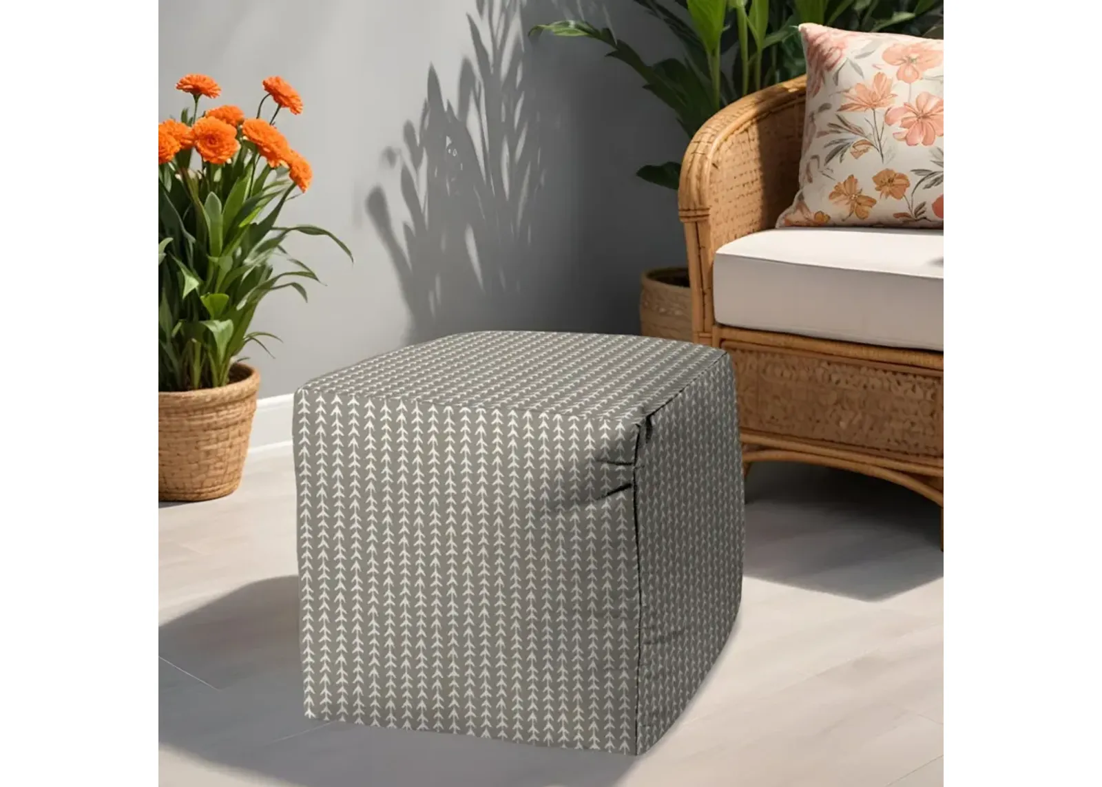 Polyester Cube Geometric Indoor / Outdoor Pouf Ottoman - Taupe