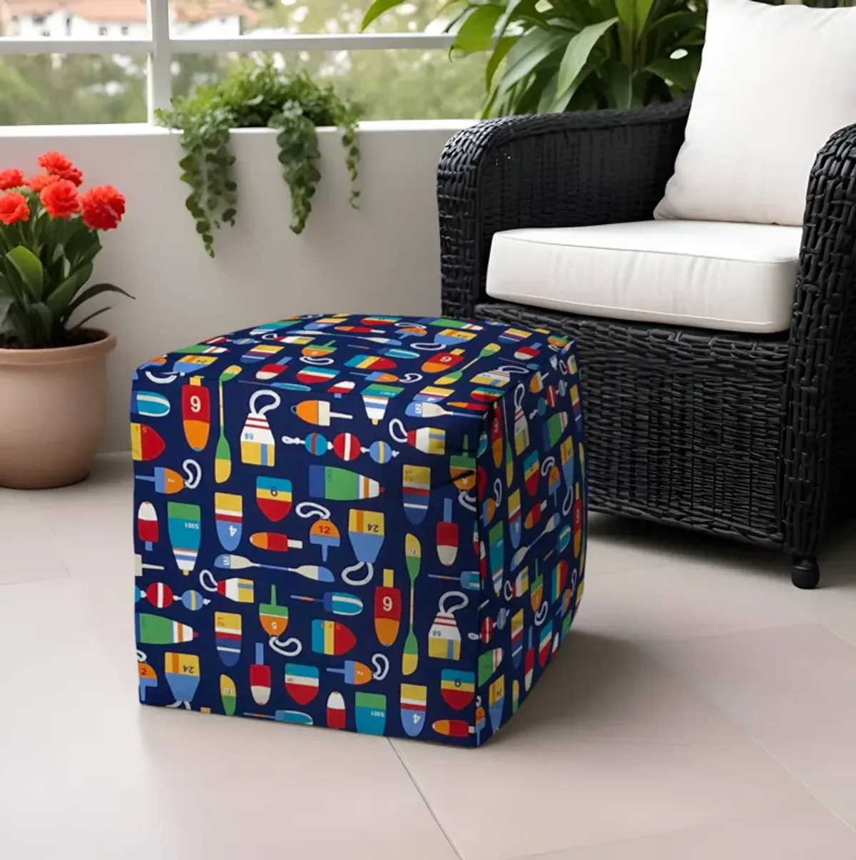 17" Polyester Cube Indoor Outdoor Pouf Ottoman - Blue