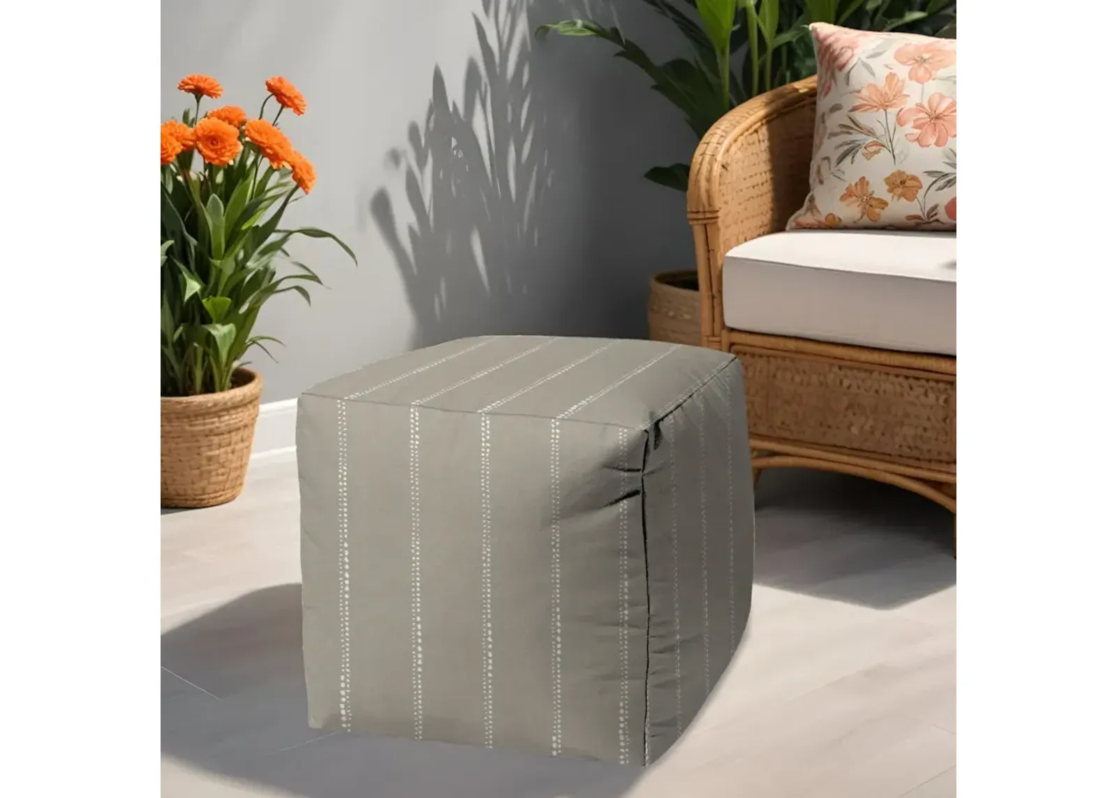 Polyester Cube Striped Indoor / Outdoor Pouf Ottoman - Taupe