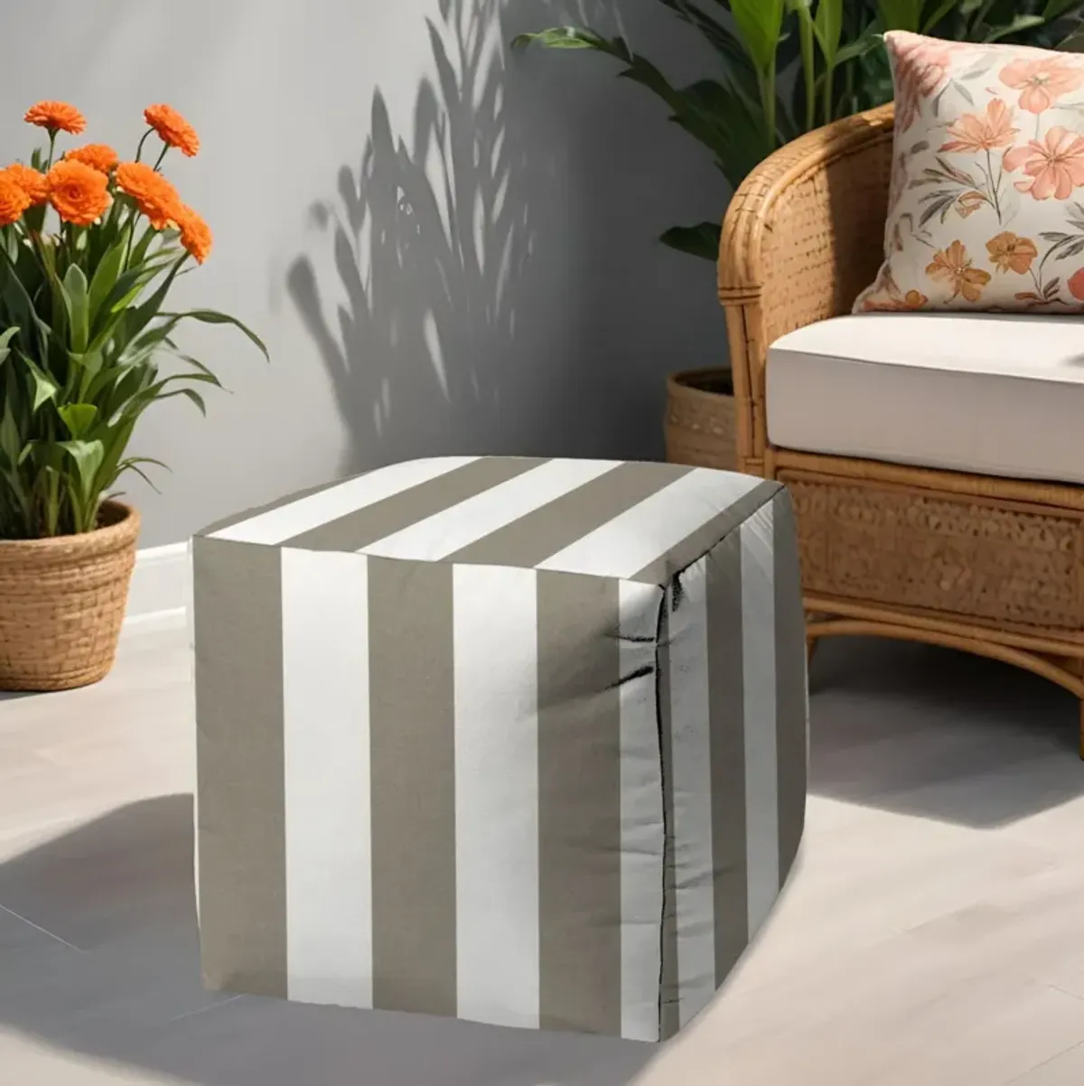 Polyester Cube Striped, Indoor Outdoor Pouf Ottoman - Taupe