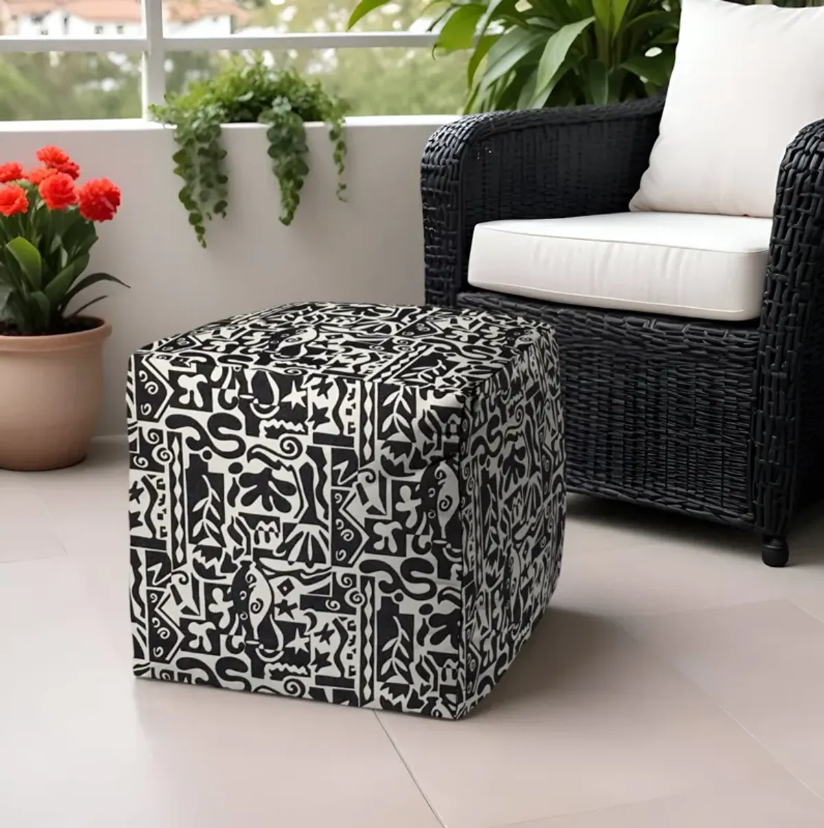 Polyester Cube Geometric Indoor Outdoor Pouf Ottoman - Black