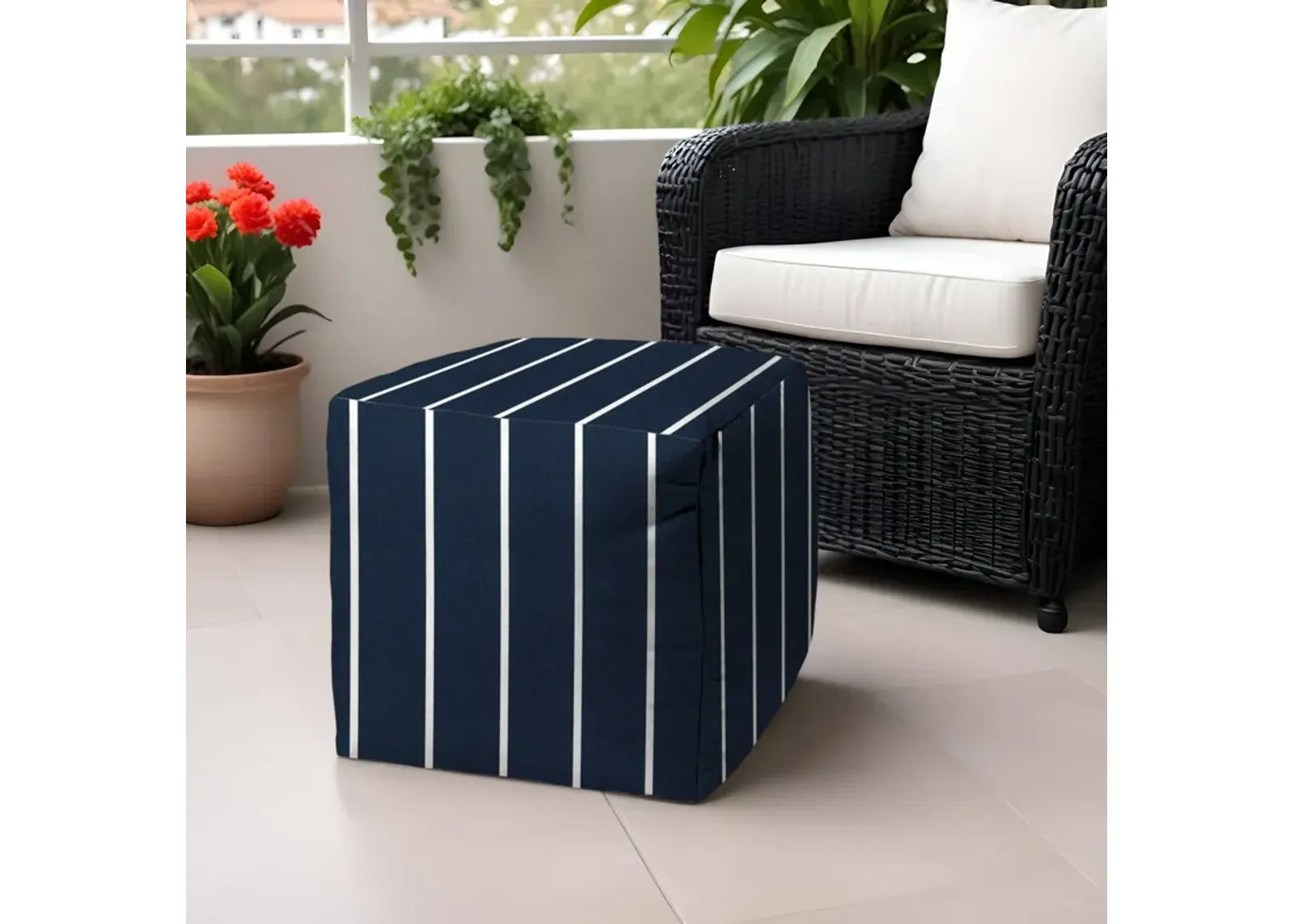 Cube Striped Indoor / Outdoor Pouf Ottoman - Blue