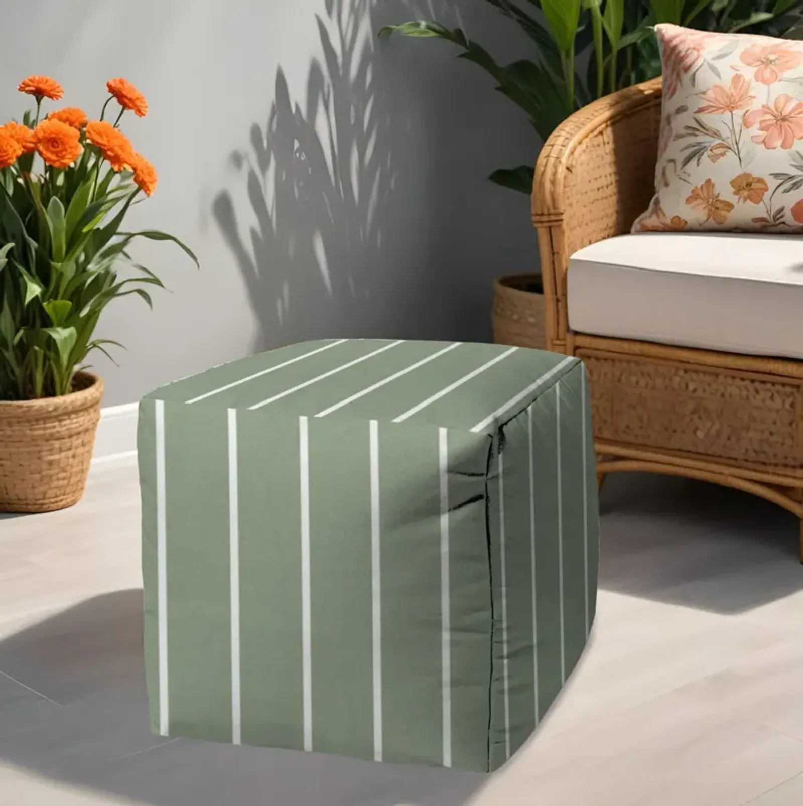 Polyester Cube Striped Indoor Outdoor Pouf Ottoman - Green