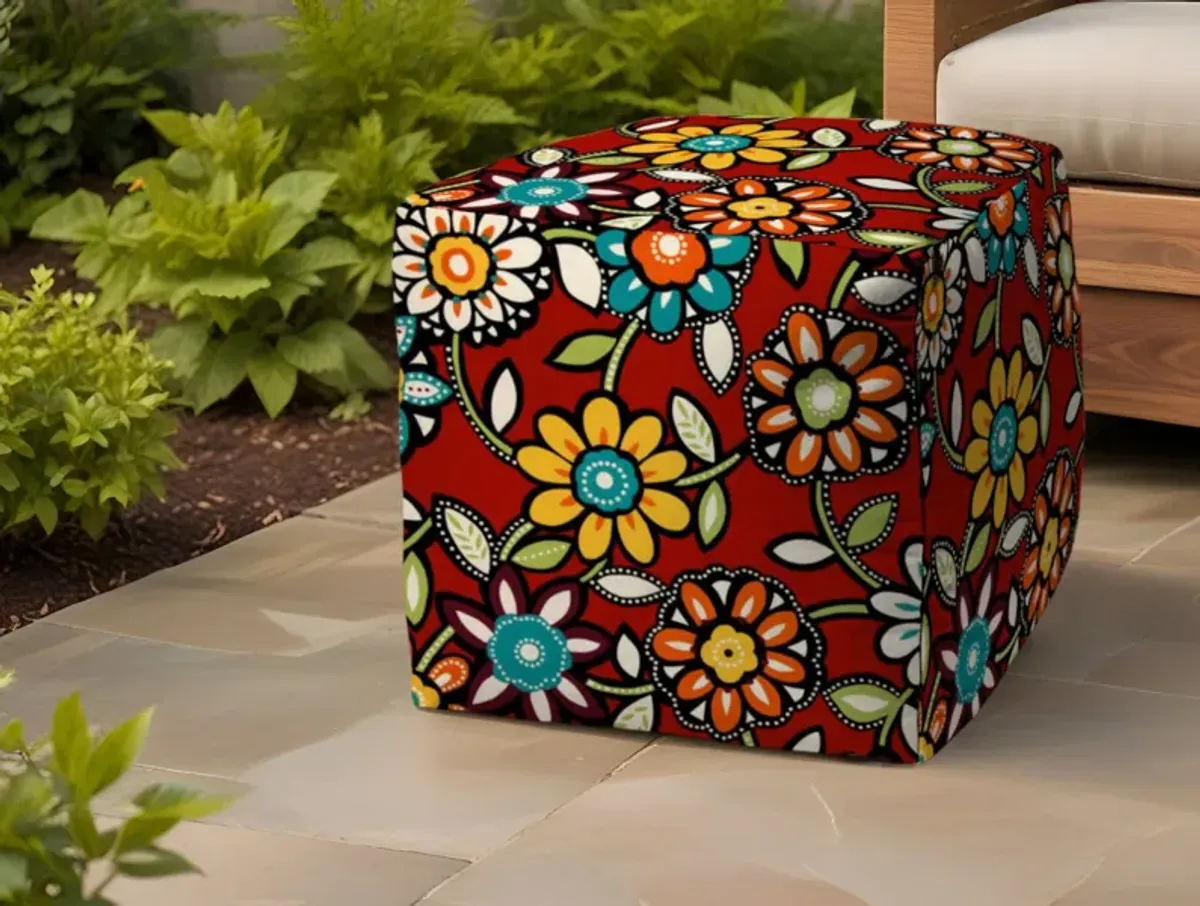 Polyester Cube Floral Indoor Outdoor Pouf Ottoman - Red