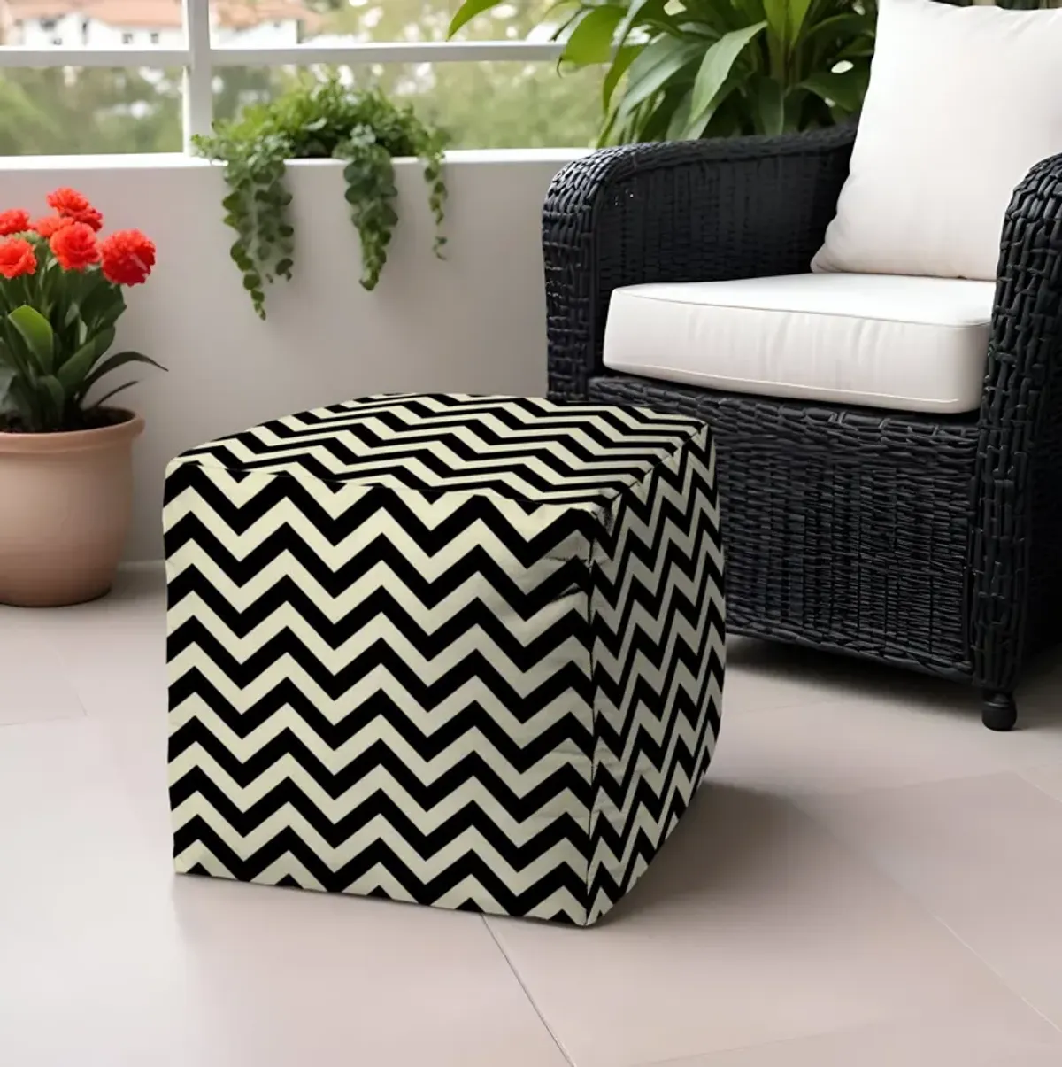 Polyester Cube Chevron Indoor Outdoor Pouf Ottoman - Black / White
