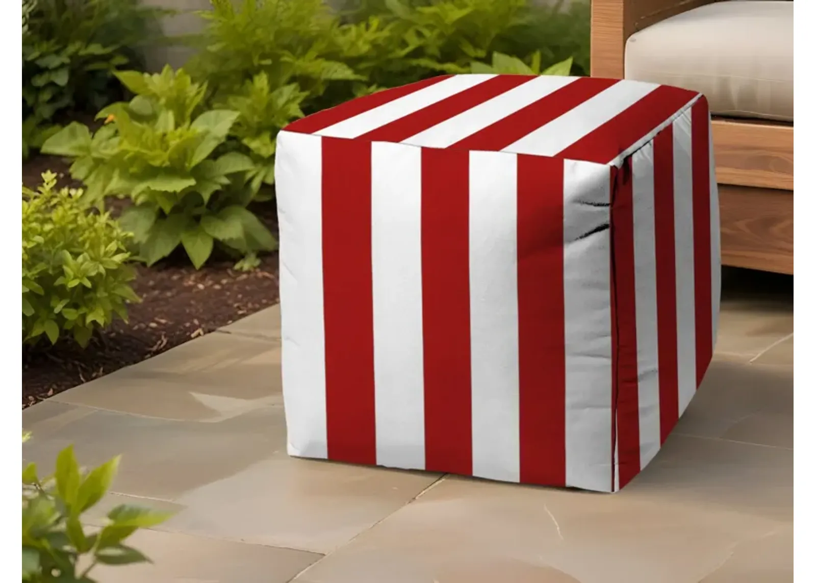 Polyester Cube Striped Indoor / Outdoor Pouf Ottoman - Red