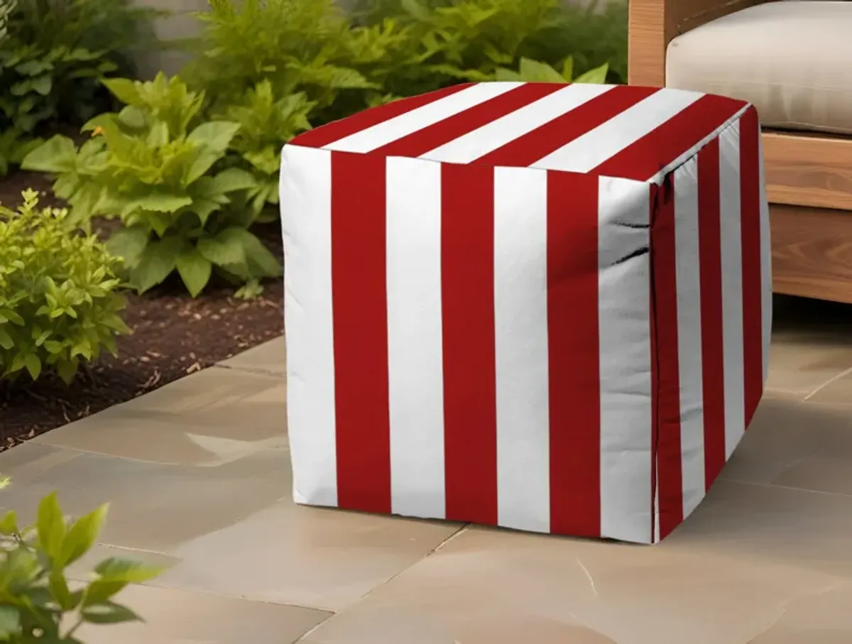 Polyester Cube Striped Indoor / Outdoor Pouf Ottoman - Red