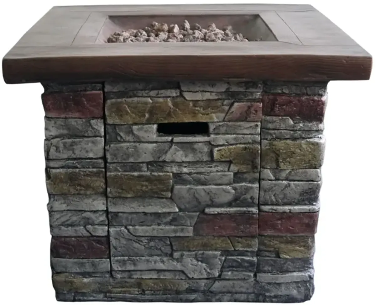 Outdoor Wood And Brick Square Gas Fire Pit With Lava Rocks - Brown