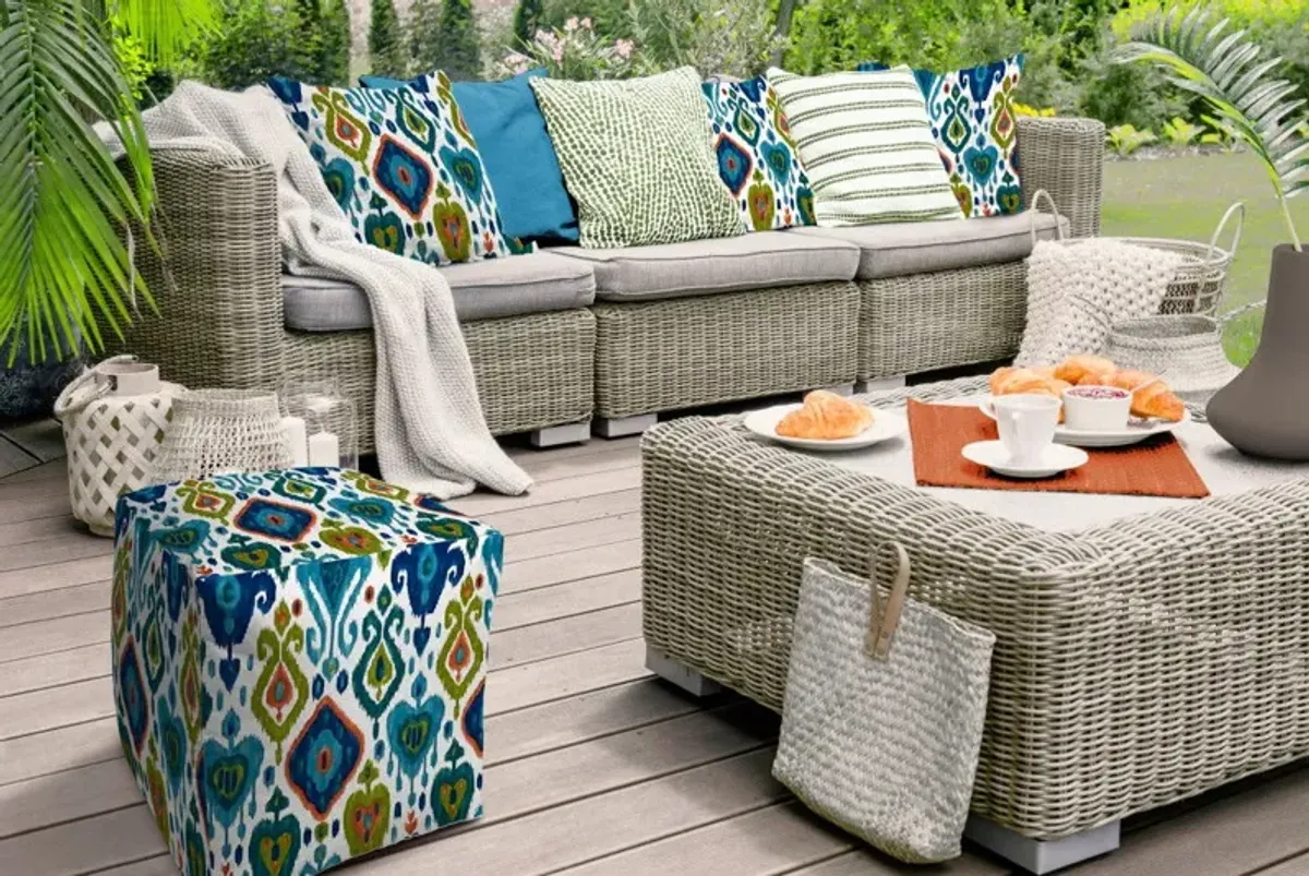 Cube Damask Indoor Outdoor Pouf Cover - Turquoise