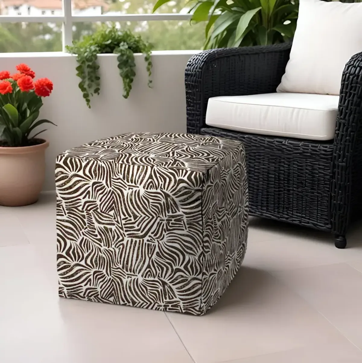 Polyester Cube Abstract Indoor Outdoor Pouf Ottoman - Black