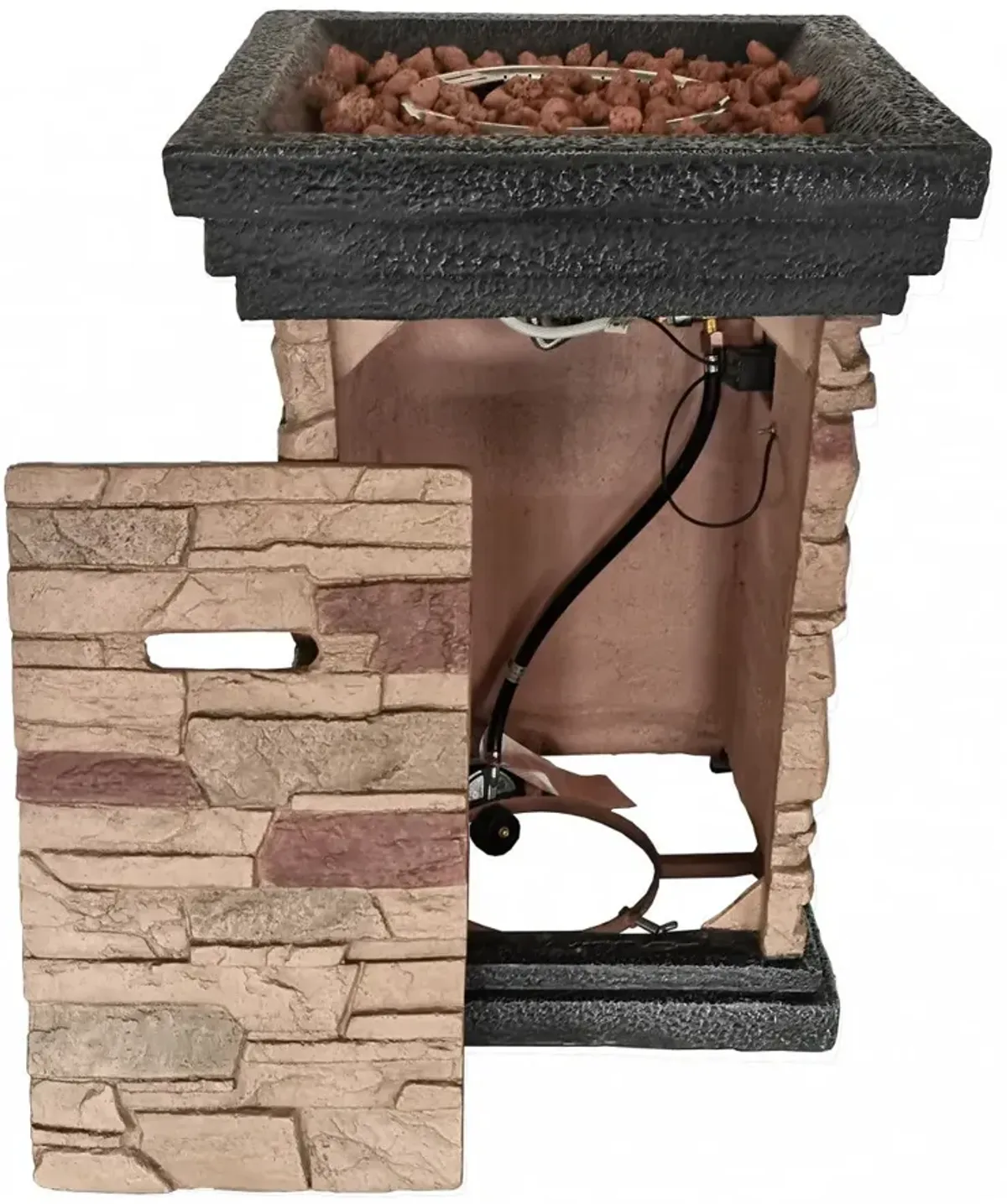 Stone Stacked Outdoor Gas Fire Pit With Lava Rocks - Brown