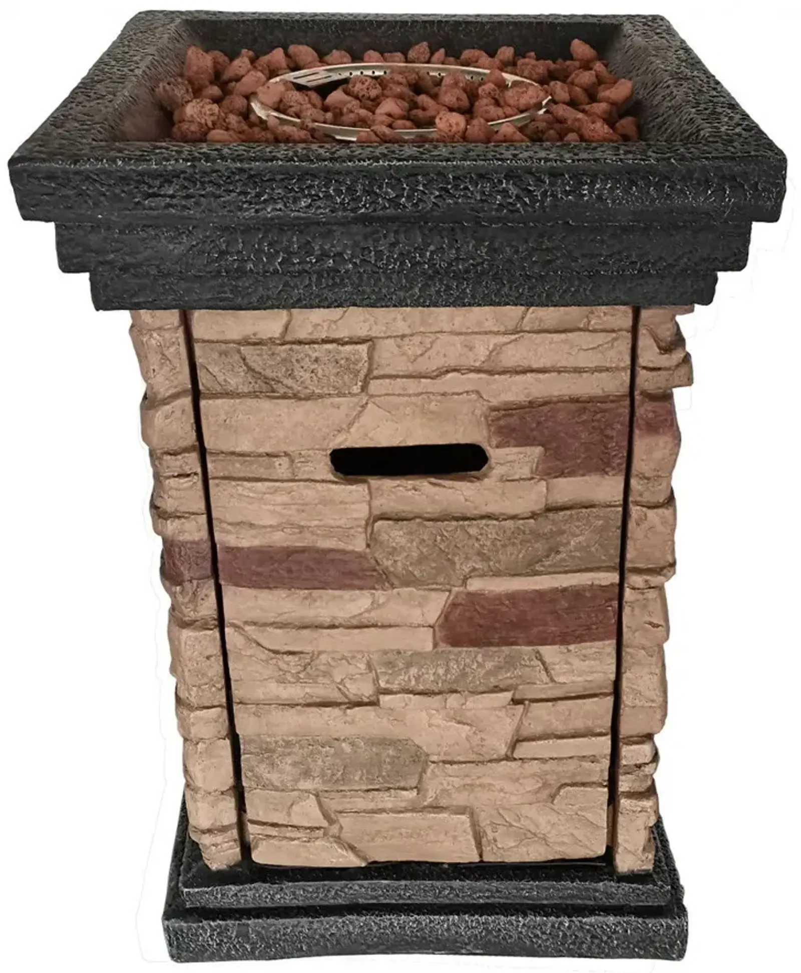 Stone Stacked Outdoor Gas Fire Pit With Lava Rocks - Brown