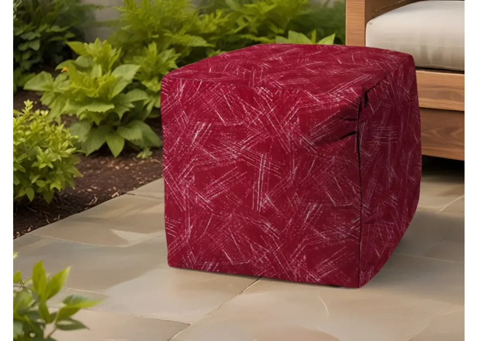 Polyester Cube Striped Indoor Outdoor, Pouf Ottoman - Red