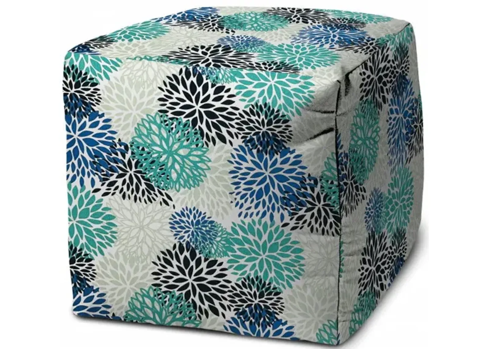 Cube Floral Indoor Outdoor Pouf Cover - Blue