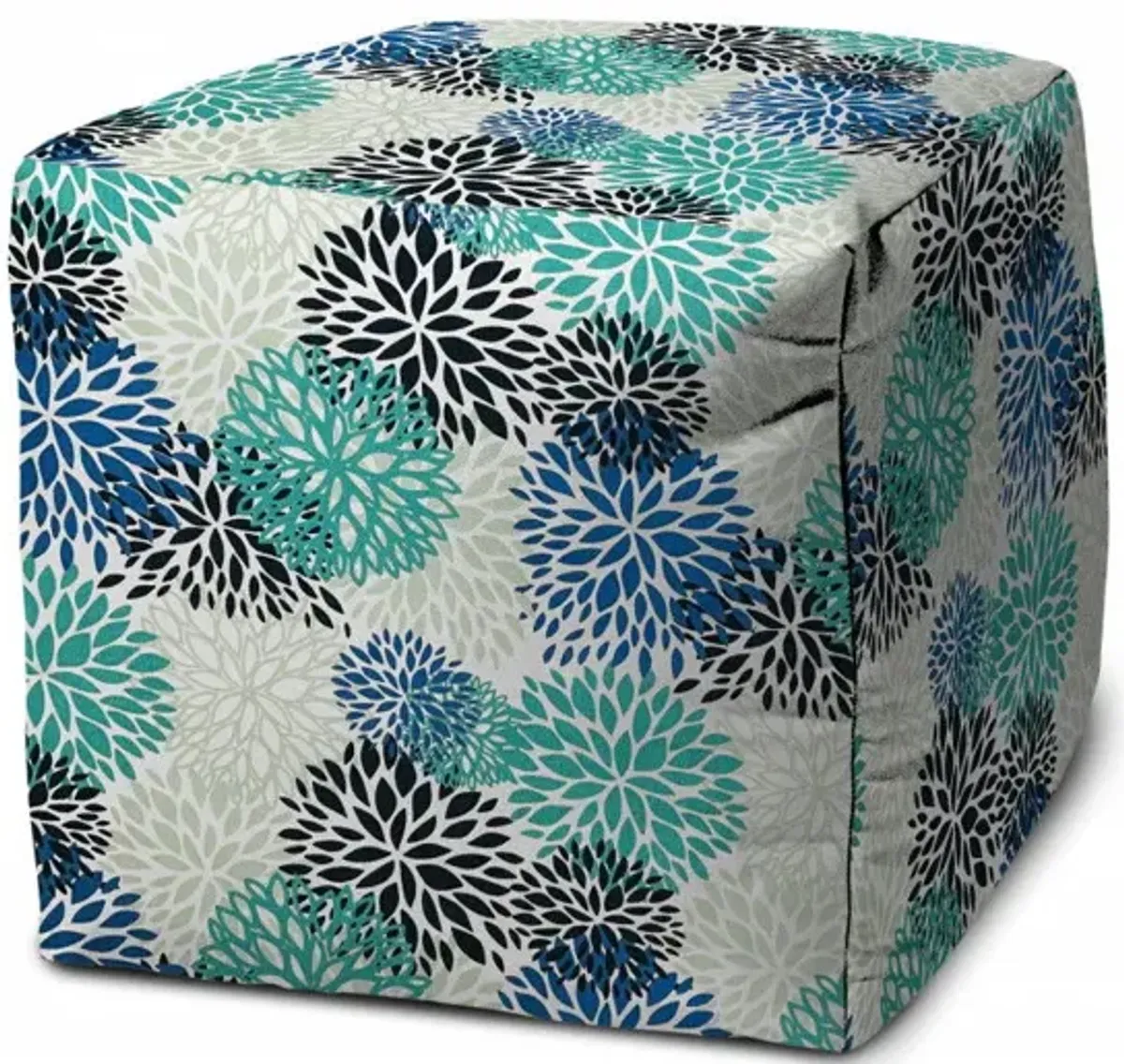 Cube Floral Indoor Outdoor Pouf Cover - Blue