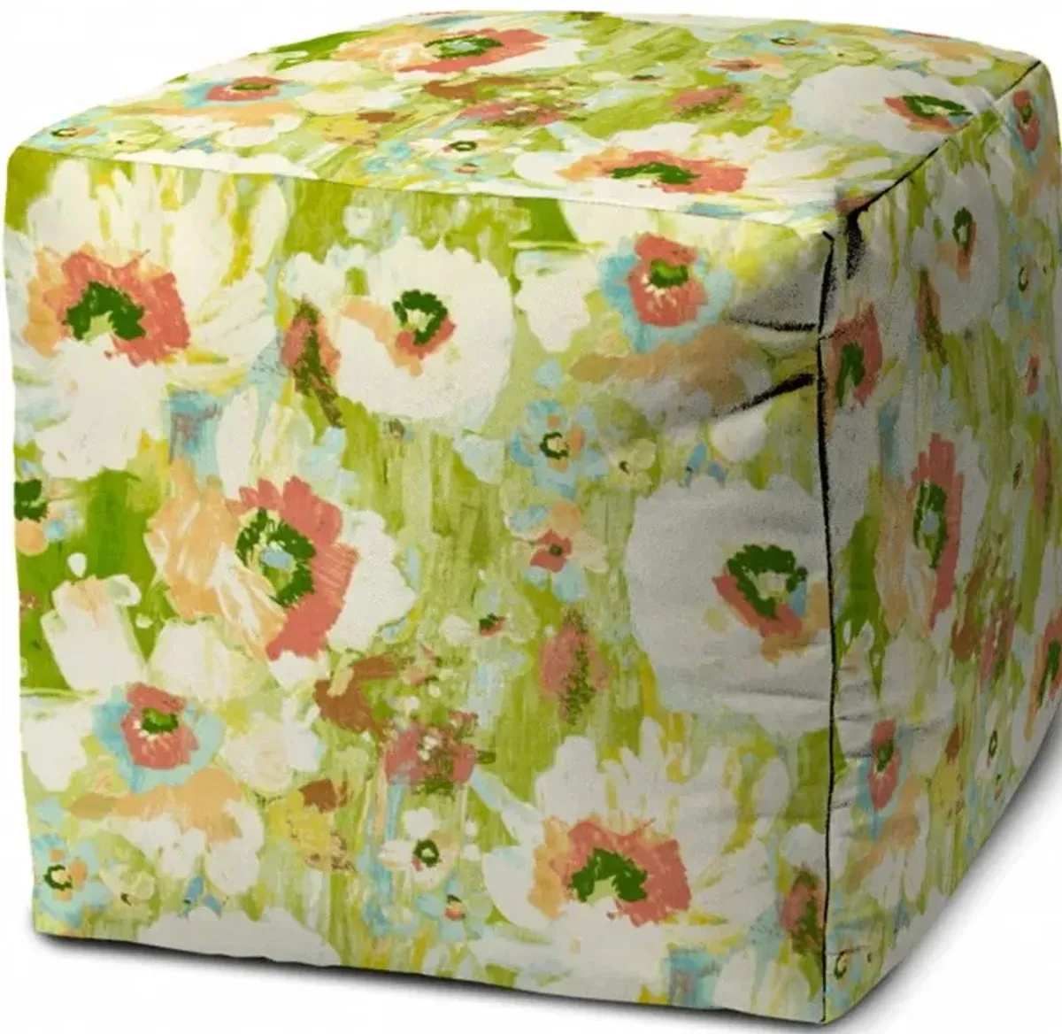 Cube Floral Indoor Outdoor Pouf Cover - Green