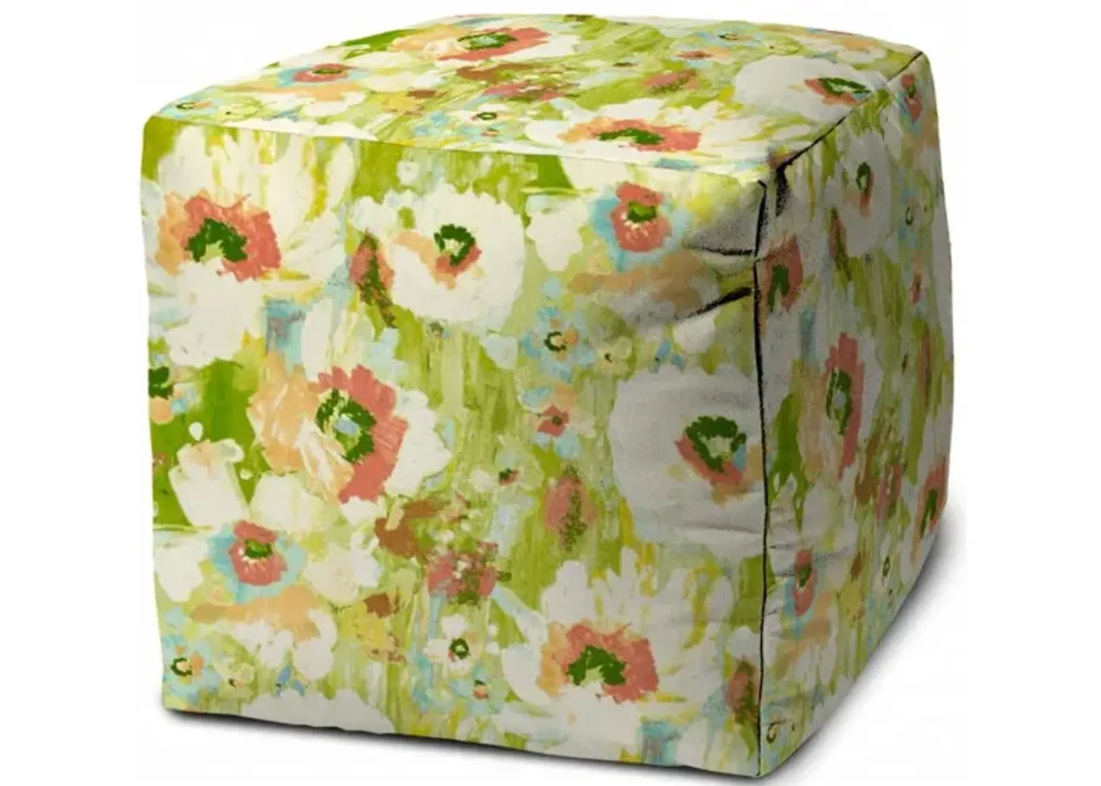 Cube Floral Indoor Outdoor Pouf Cover - Green