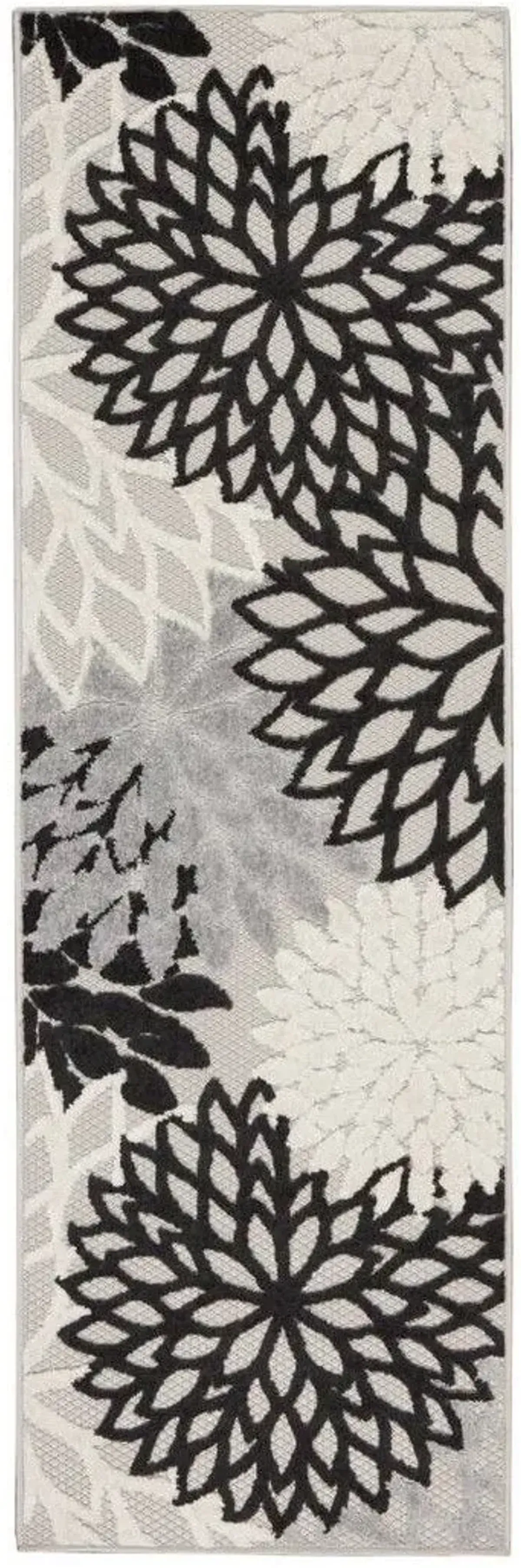 2' X 12' Floral Non Skid Indoor / Outdoor Runner Rug - Black / White