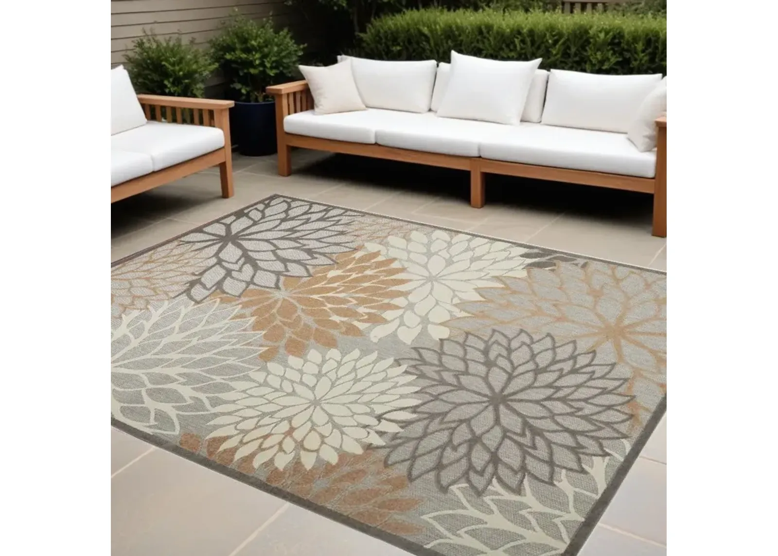 10' X 13' Floral Non Skid Indoor Outdoor Area Rug - Natural