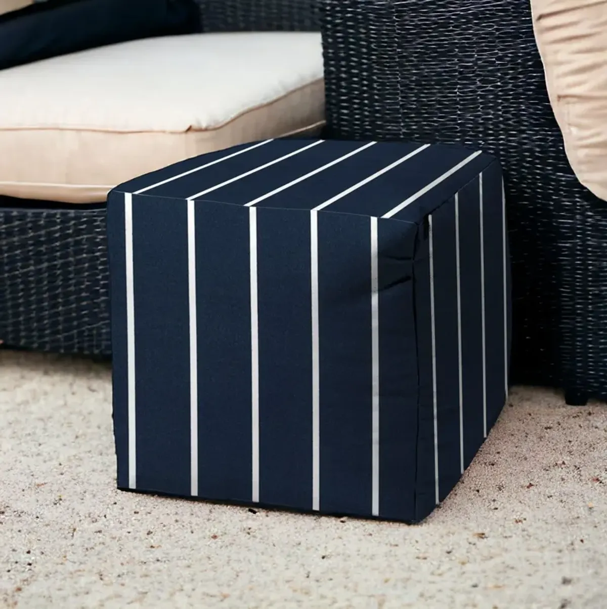 Cube Striped Indoor / Outdoor Pouf Cover - Blue