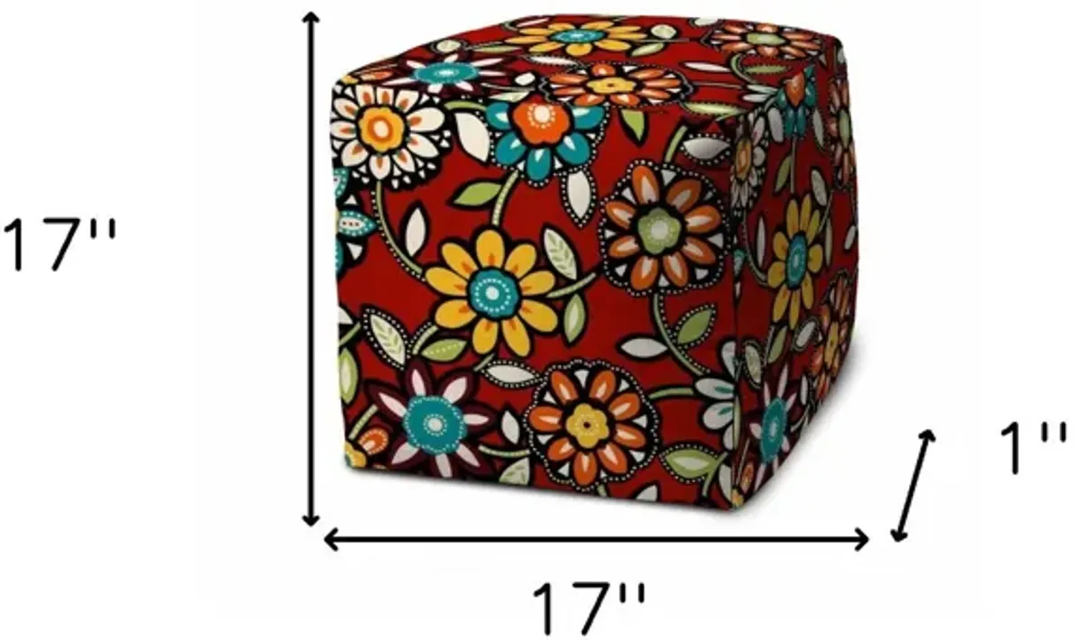 Polyester Cube Floral Indoor Outdoor Pouf Cover - Red