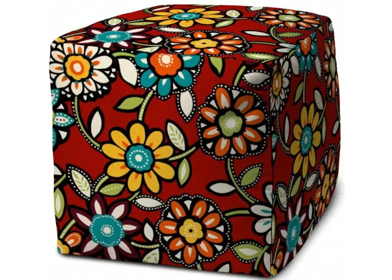 Polyester Cube Floral Indoor Outdoor Pouf Cover - Red