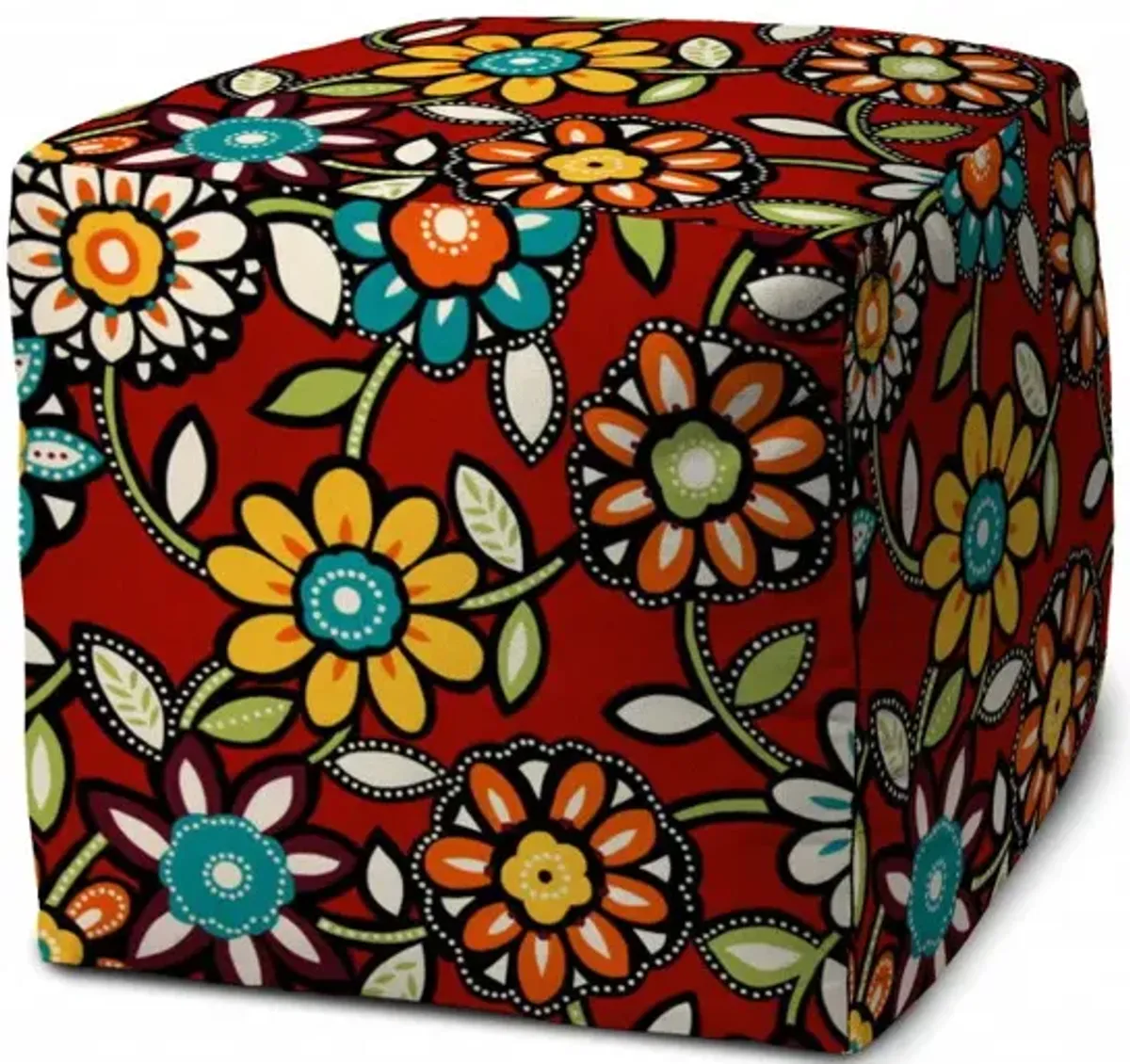 Polyester Cube Floral Indoor Outdoor Pouf Cover - Red