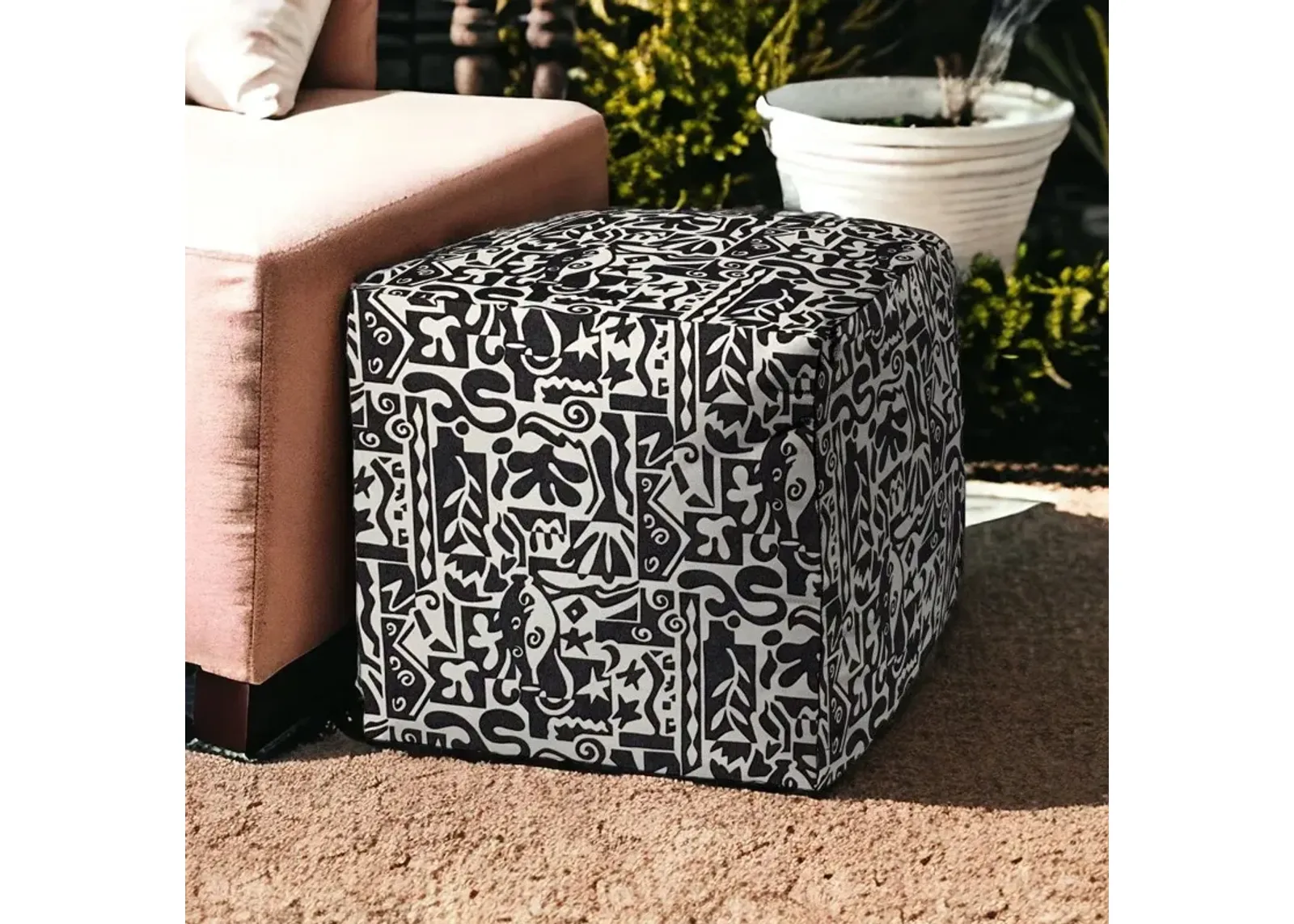 Cube Geometric Indoor Outdoor Pouf Cover - Black