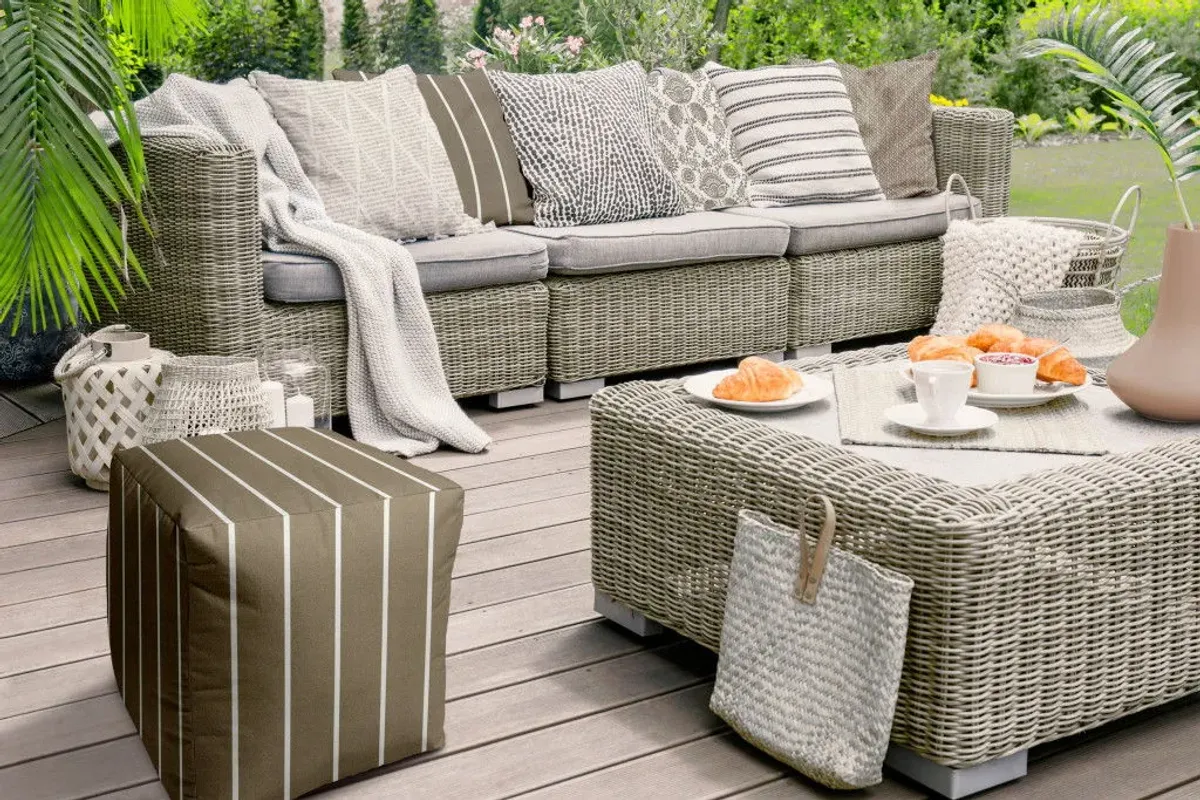 Cube Striped Indoor Outdoor Pouf Cover - Taupe