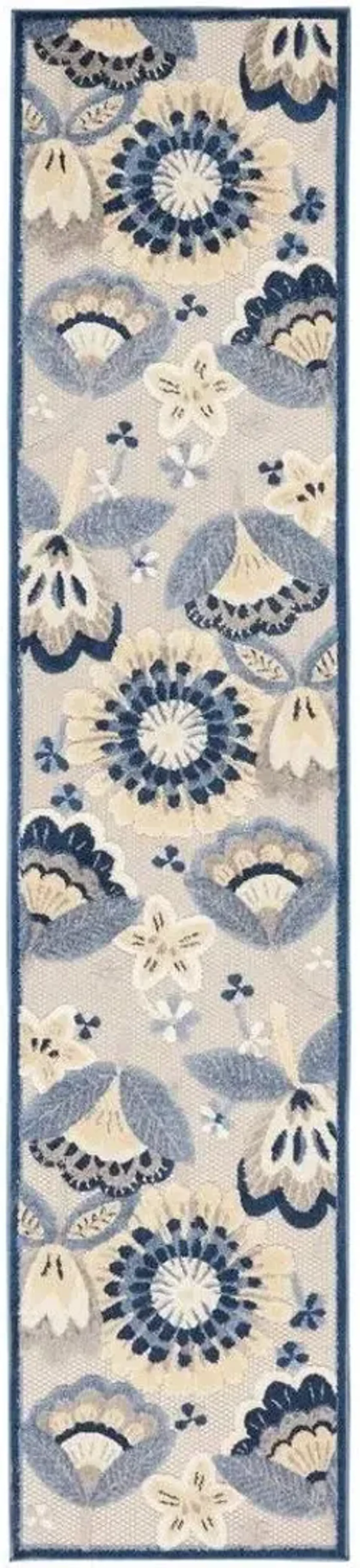 2' X 12' Floral Non Skid Indoor / Outdoor Runner Rug - Blue / Gray