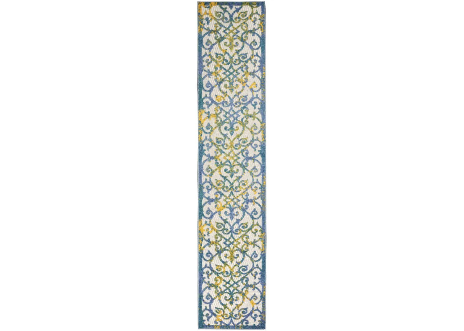 2' X 10' Damask Non Skid Indoor / Outdoor Runner Rug - Ivory / Blue