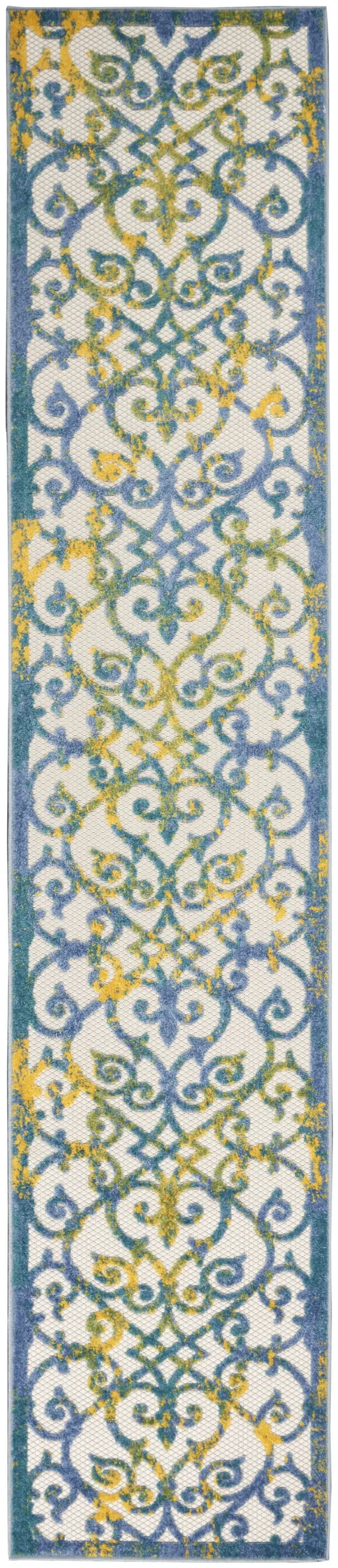 2' X 10' Damask Non Skid Indoor / Outdoor Runner Rug - Ivory / Blue